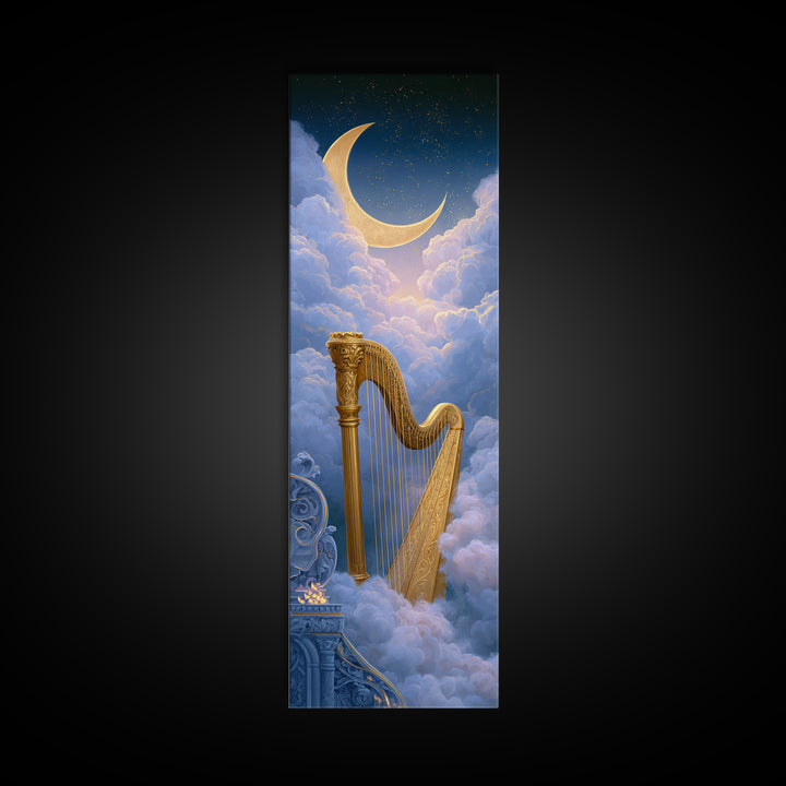 Golden Harp in a Cloud Kingdom Framed Canvas Print, Fairy Tale Art, Art Nouveau Print, Living Room Decor, Watercolor Art, FTA-1x3-58
