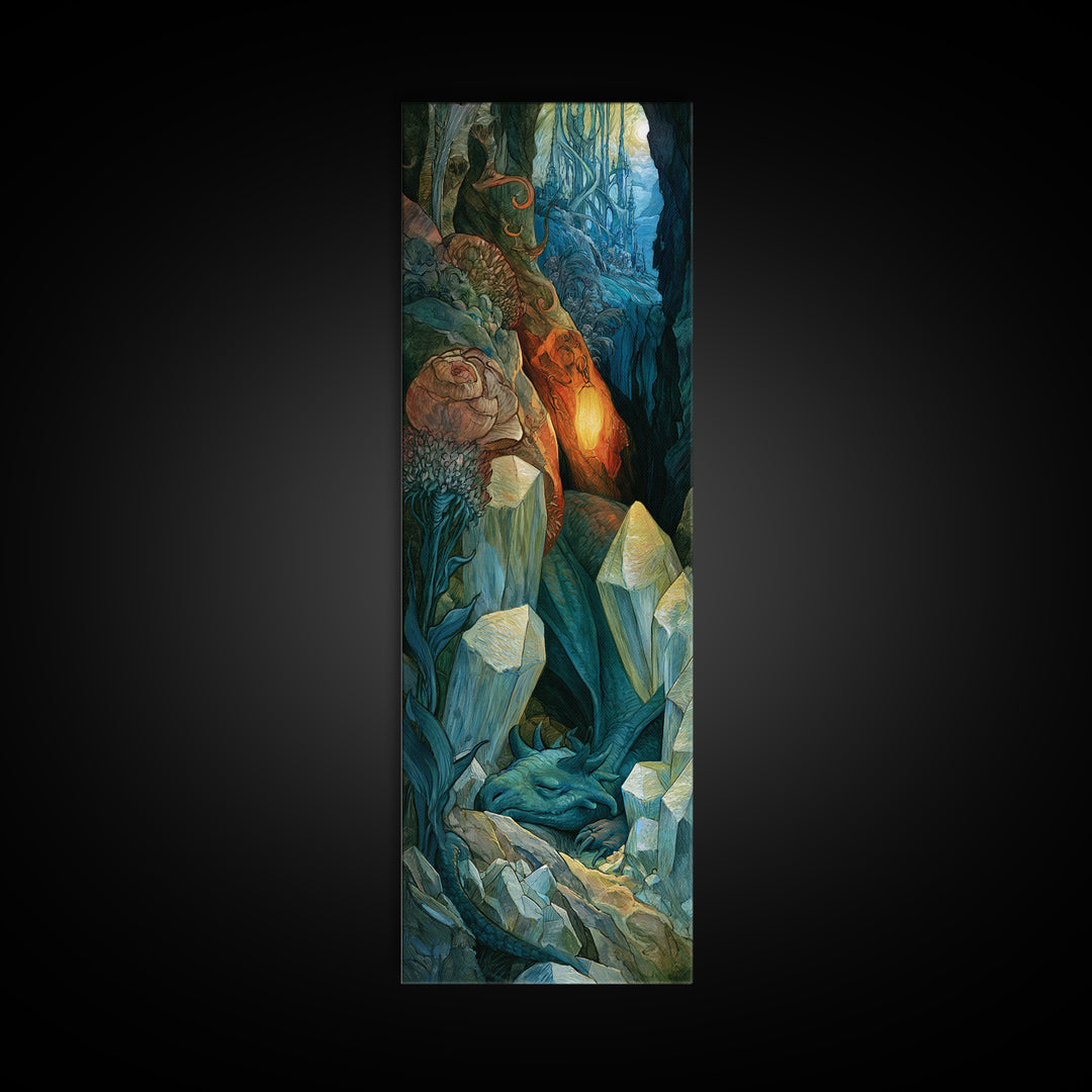 Sleeping Dragon in a Cave of Crystals Canvas Print, Fairy Tale Art, Abstract Art, Living Room Decor, Storybook, Kids Room Art, FTA-1x3-60