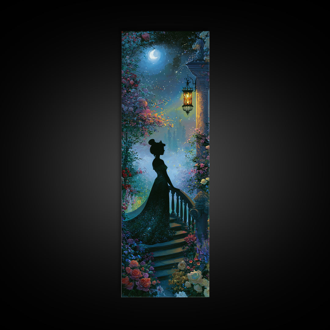 Princess Silhouette with Moonlit Garden Flowers Framed Canvas Print, Fairy Tale Art, Watercolor Art, Living Room Decor, FTA-1x3-64