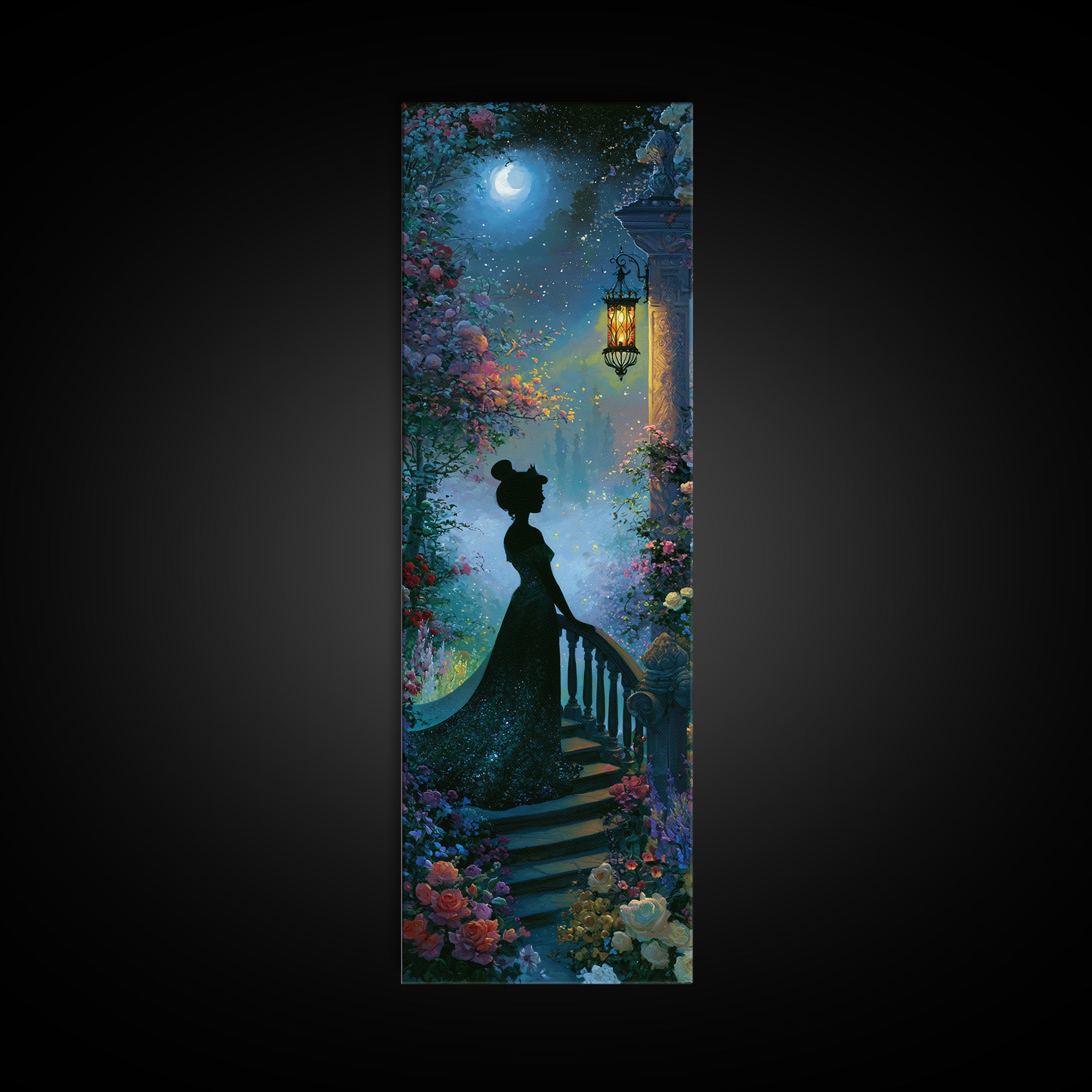 Princess Silhouette with Moonlit Garden Flowers Framed Canvas Print, Fairy Tale Art, Watercolor Art, Living Room Decor, FTA-1x3-64