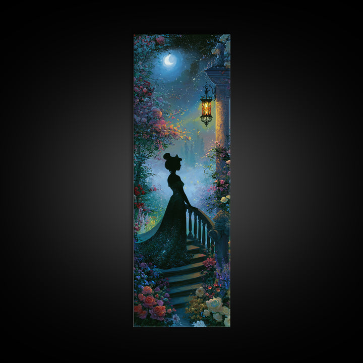 Princess Silhouette with Moonlit Garden Flowers Framed Canvas Print, Fairy Tale Art, Watercolor Art, Living Room Decor, FTA-1x3-64