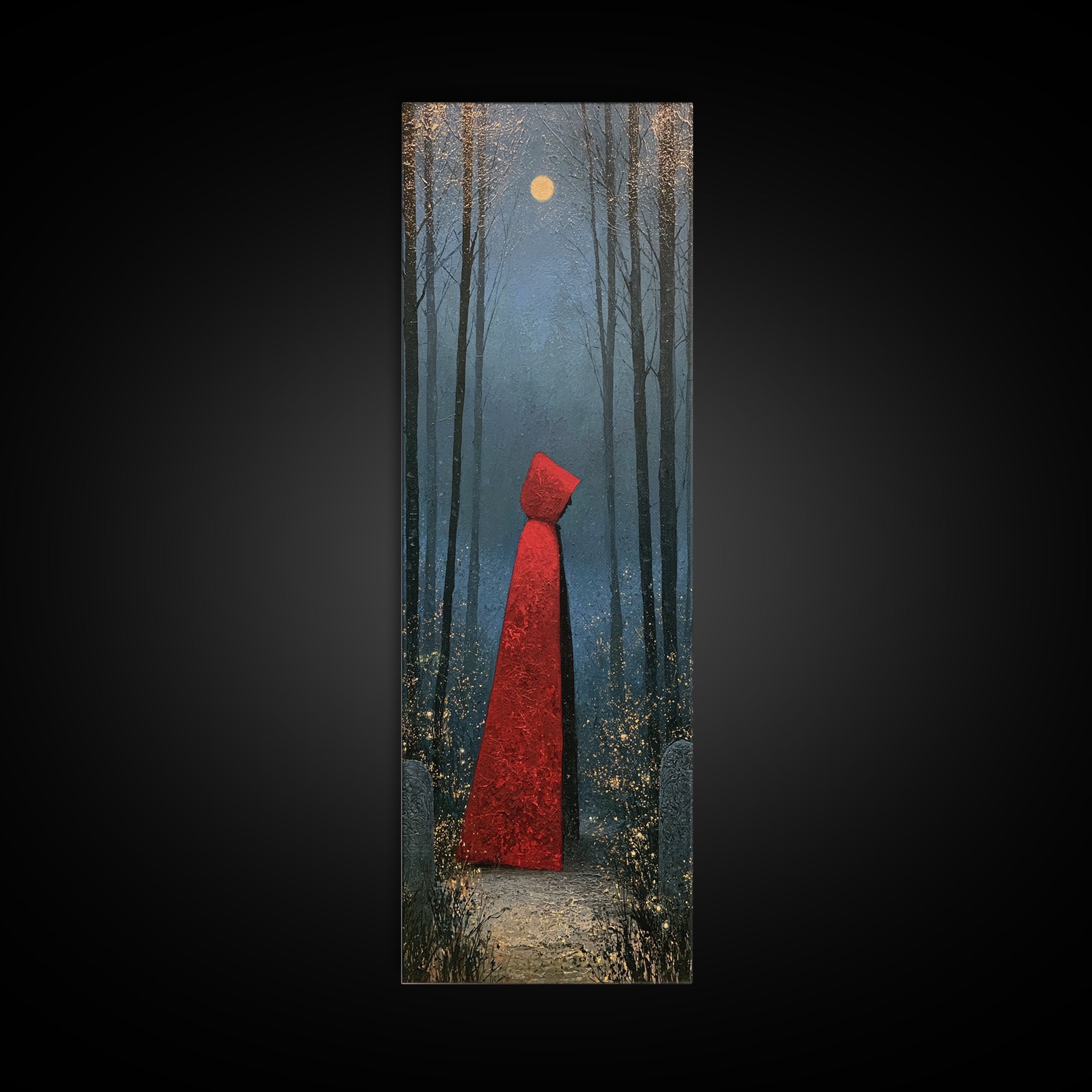 Red Cloak Figure Walking Through Dark Woods Canvas Print, Fairy Tale Art, Whimsical Art, Living Room Decor, Oil Painting, FTA-1x3-68
