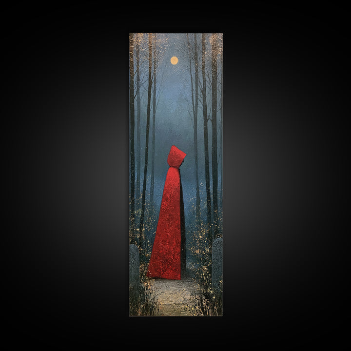 Red Cloak Figure Walking Through Dark Woods Canvas Print, Fairy Tale Art, Whimsical Art, Living Room Decor, Oil Painting, FTA-1x3-68