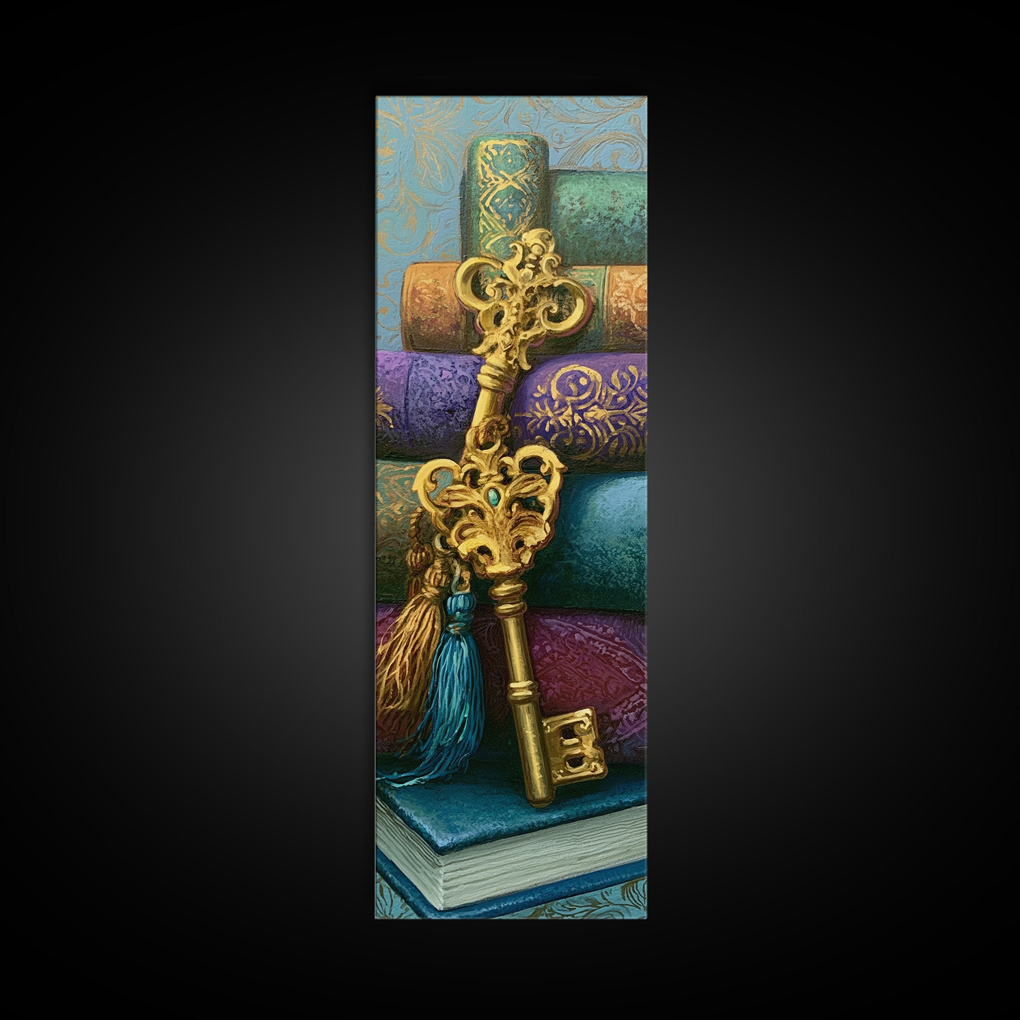 Golden Key and Enchanted Book Still Life Framed Canvas Print, Fairy Tale Art, Wall Art, Living Room Decor, Oil Painting, FTA-1x3-69