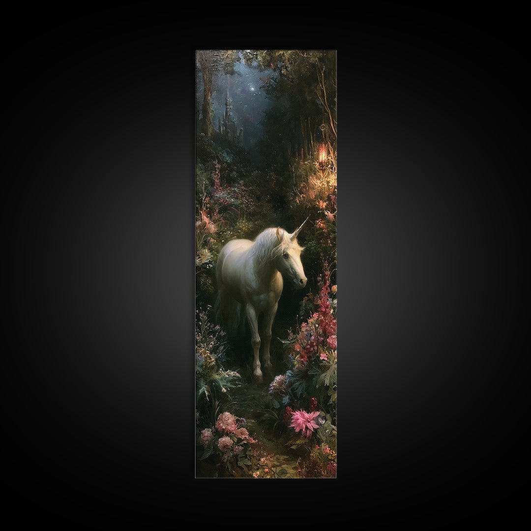Unicorn in a Moonlit Meadow Framed Canvas Print, Fairy Tale Art, Modern Decor, Living Room Decor, Fine Art, Storybook, FTA-1x3-70