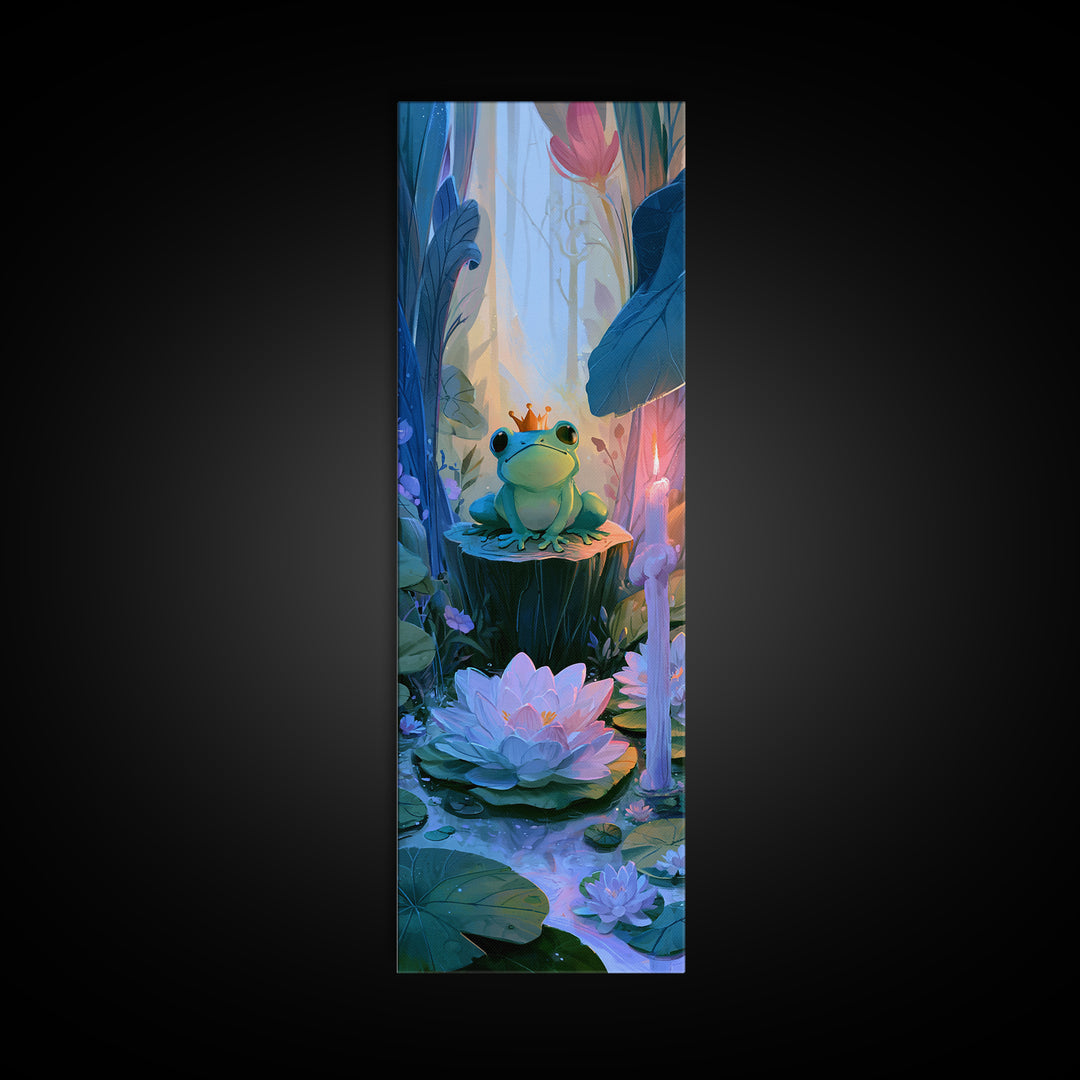 Frog Prince on a Lily Pad Framed Canvas Print, Fairy Tale Art, Gallery Decor, Living Room Decor, Fine Art, Storybook, FTA-1x3-71
