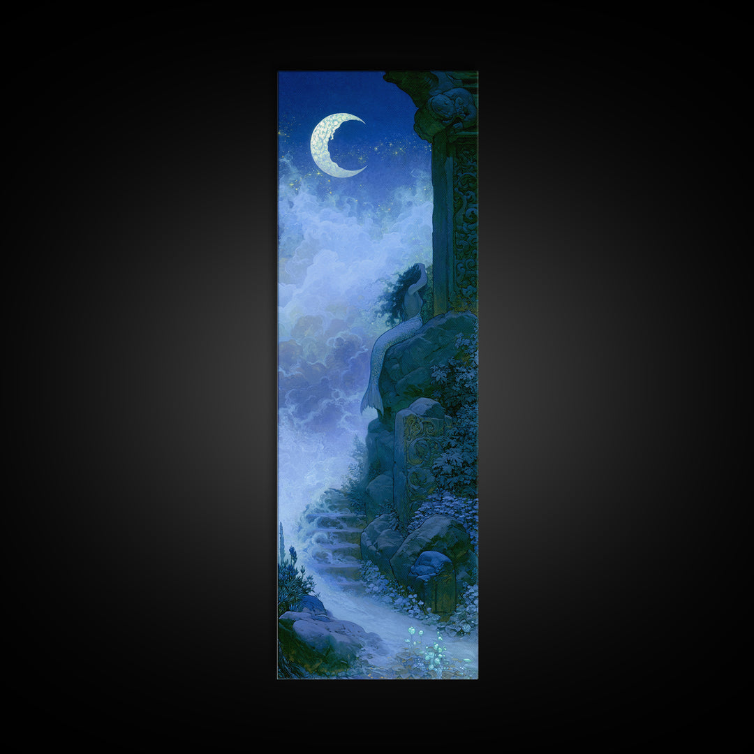 Mermaid Combing Hair Beneath a Pearl Moon Canvas Print, Fairy Tale Art, Folk Art, Living Room Decor, Fine Art, Storybook, FTA-1x3-72