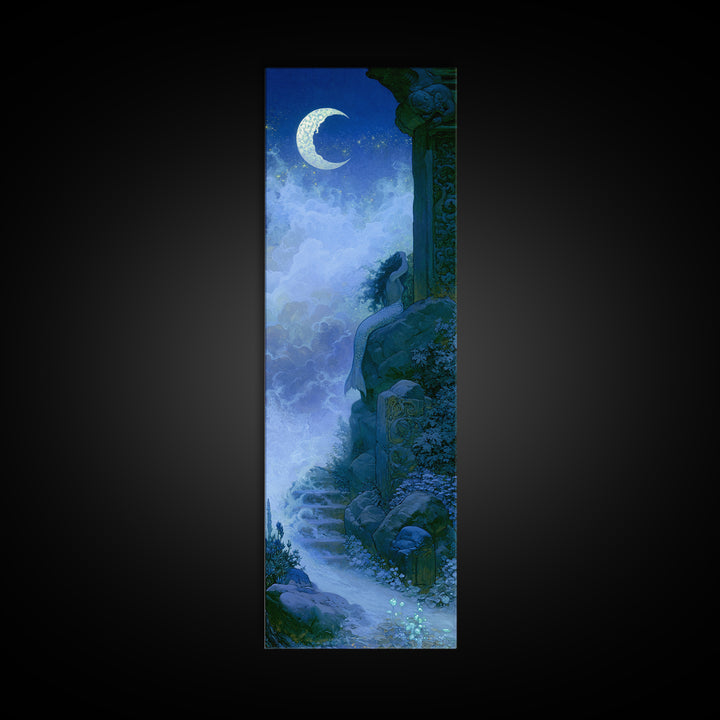 Mermaid Combing Hair Beneath a Pearl Moon Canvas Print, Fairy Tale Art, Folk Art, Living Room Decor, Fine Art, Storybook, FTA-1x3-72