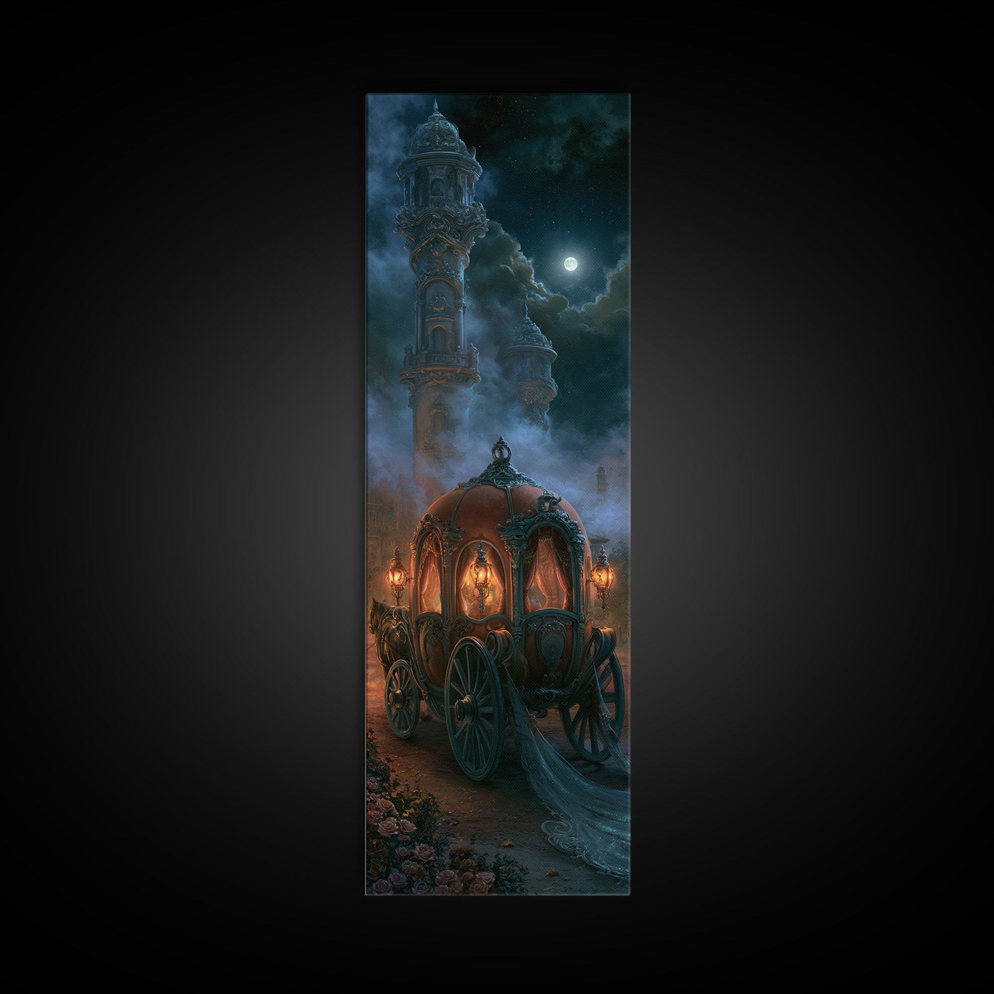 Pumpkin Carriage under Midnight Sky Framed Canvas Print, Fairy Tale Art, Princess Wall Art, Living Room Decor, Oil Painting, FTA-1x3-76