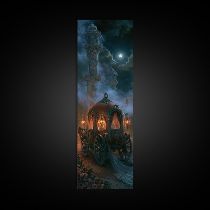Pumpkin Carriage under Midnight Sky Framed Canvas Print, Fairy Tale Art, Princess Wall Art, Living Room Decor, Oil Painting, FTA-1x3-76