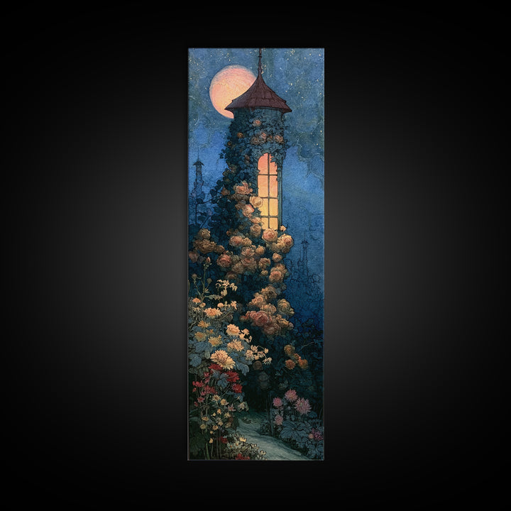 Rose Covered Tower Canvas Print, Fairy Tale Art, Statement Artwork, Living Room Decor, Fine Art, Storybook, Art Prints, FTA-1x3-78