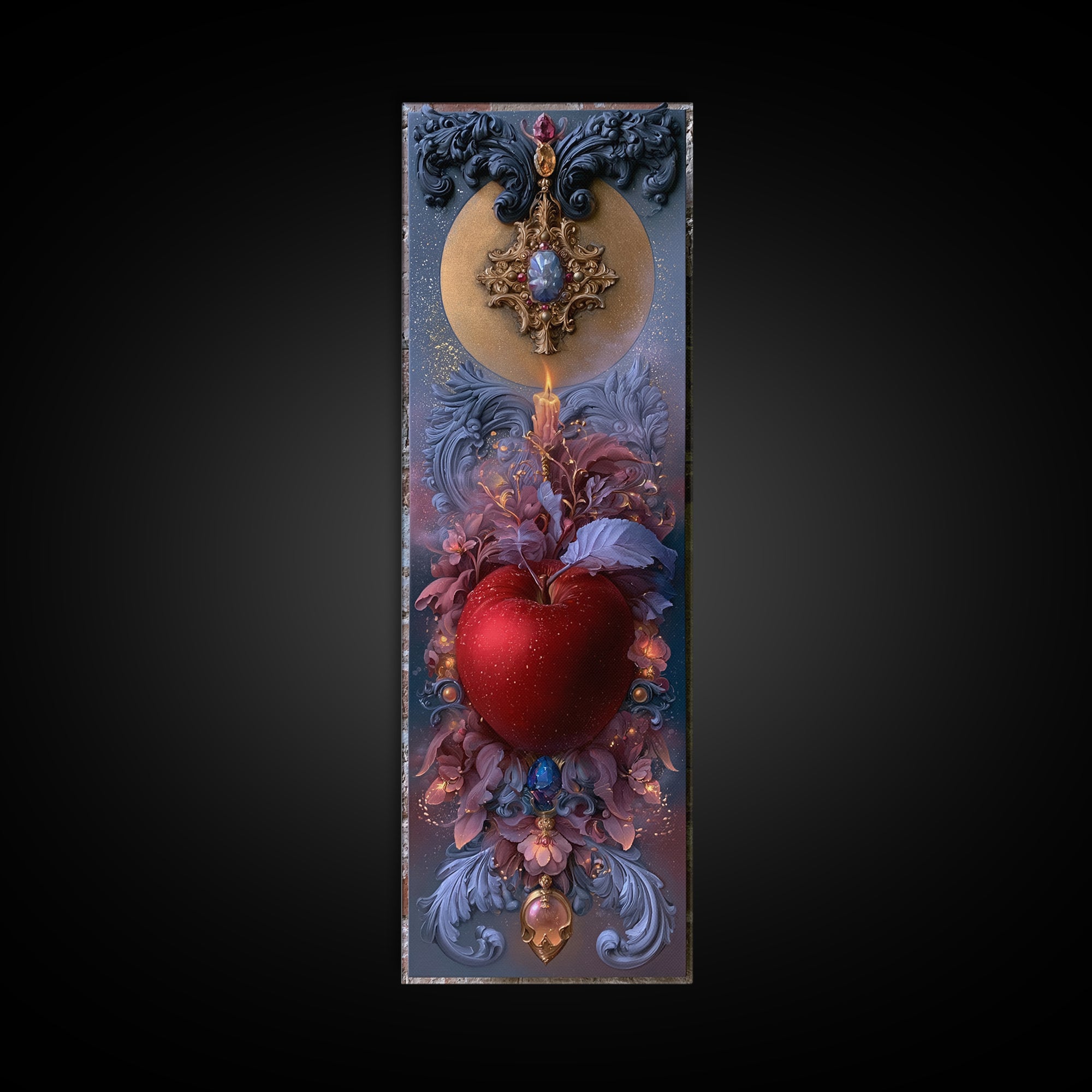 Enchanted Apple with Deep Red Shine Framed Canvas Print, Fairy Tale Art, Dark Art, Living Room Decor, Fine Art, Storybook, FTA-1x3-80