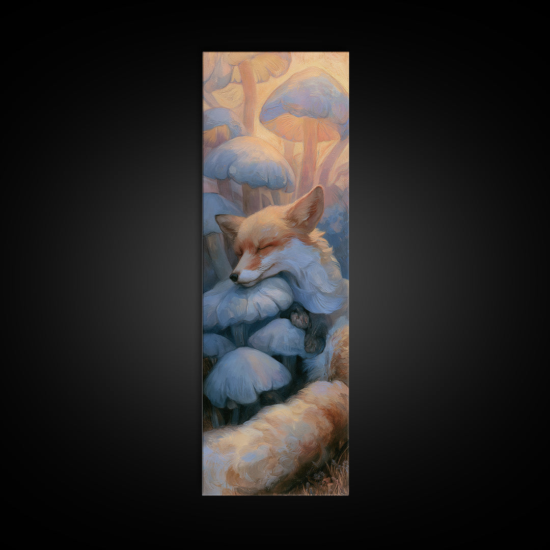 Sleeping Fox Beside a Magical Mushroom Ring Canvas Print, Fairy Tale Art, Statement Artwork, Living Room Decor, Storybook, FTA-1x3-87