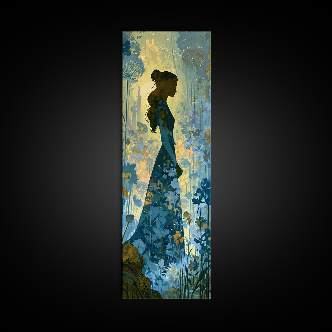 Princess Silhouette with Moonlit Garden Flowers Canvas Print, Fairy Tale Art, Kids Room Art, Living Room Decor, Storybook, FTA-1x3-88
