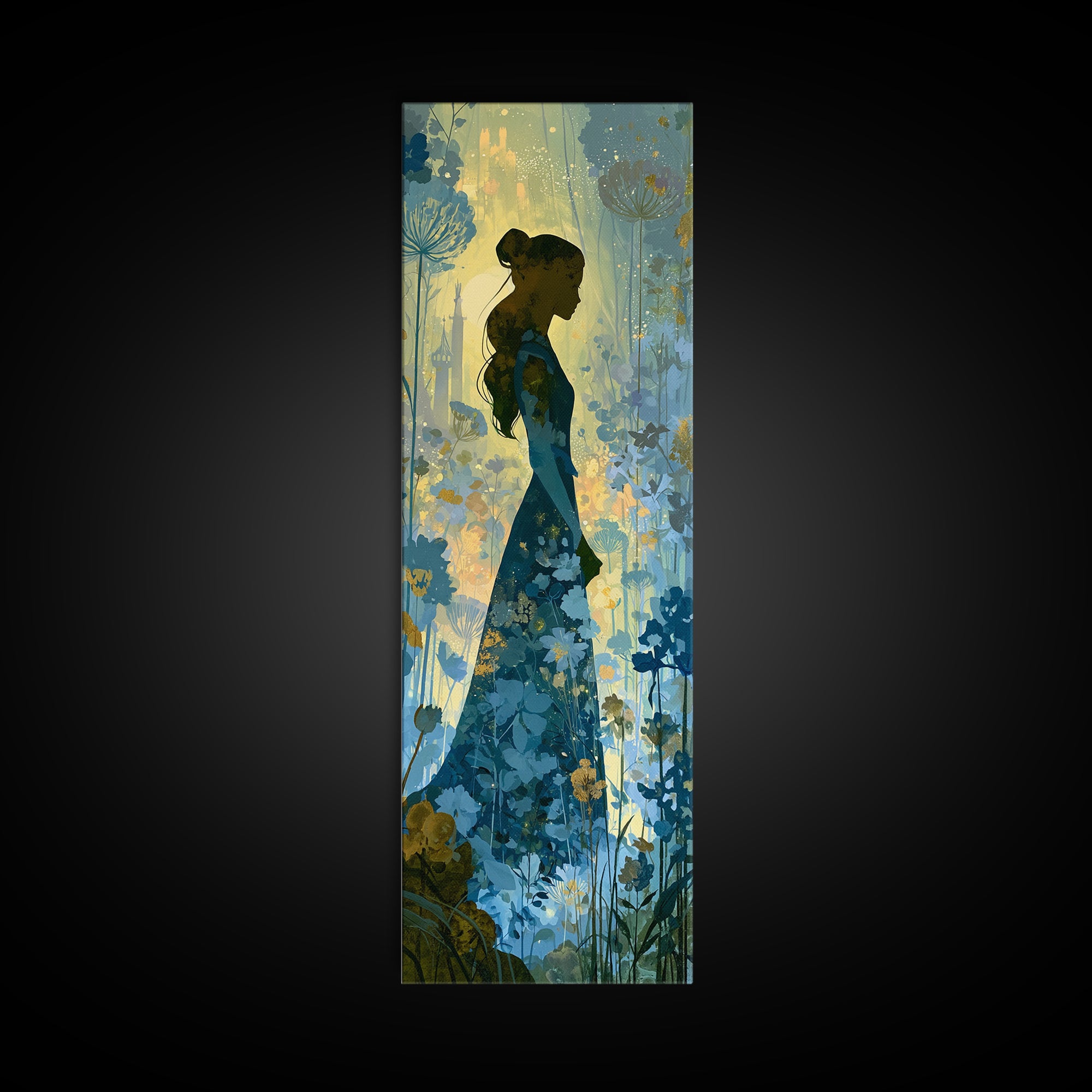 Princess Silhouette with Moonlit Garden Flowers Canvas Print, Fairy Tale Art, Kids Room Art, Living Room Decor, Storybook, FTA-1x3-88