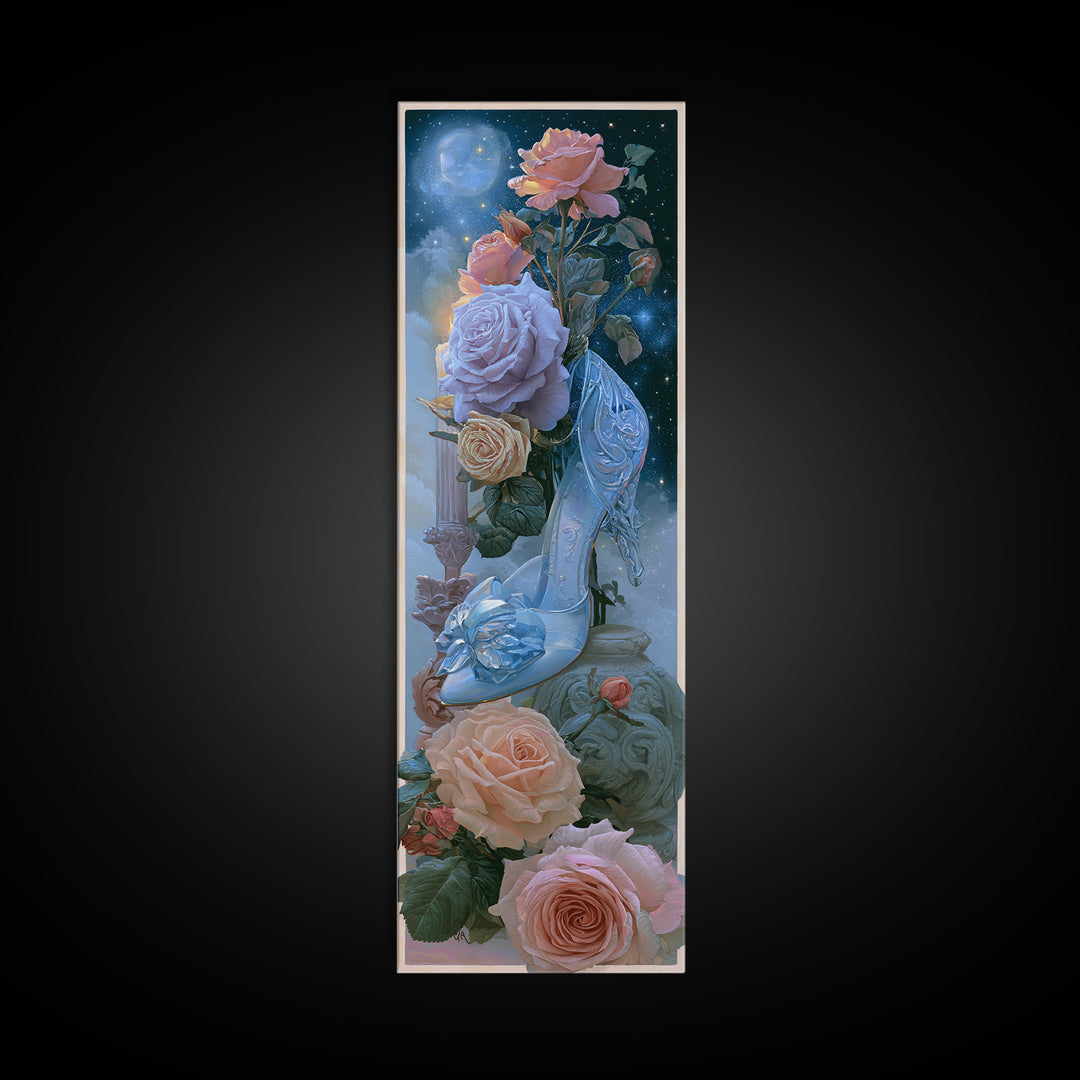 Glass Slipper Still Life Canvas Print, Fairy Tale Art, Wall Art, Living Room Decor, Oil Painting, Storybook, Printable Art, FTA-1x3-90