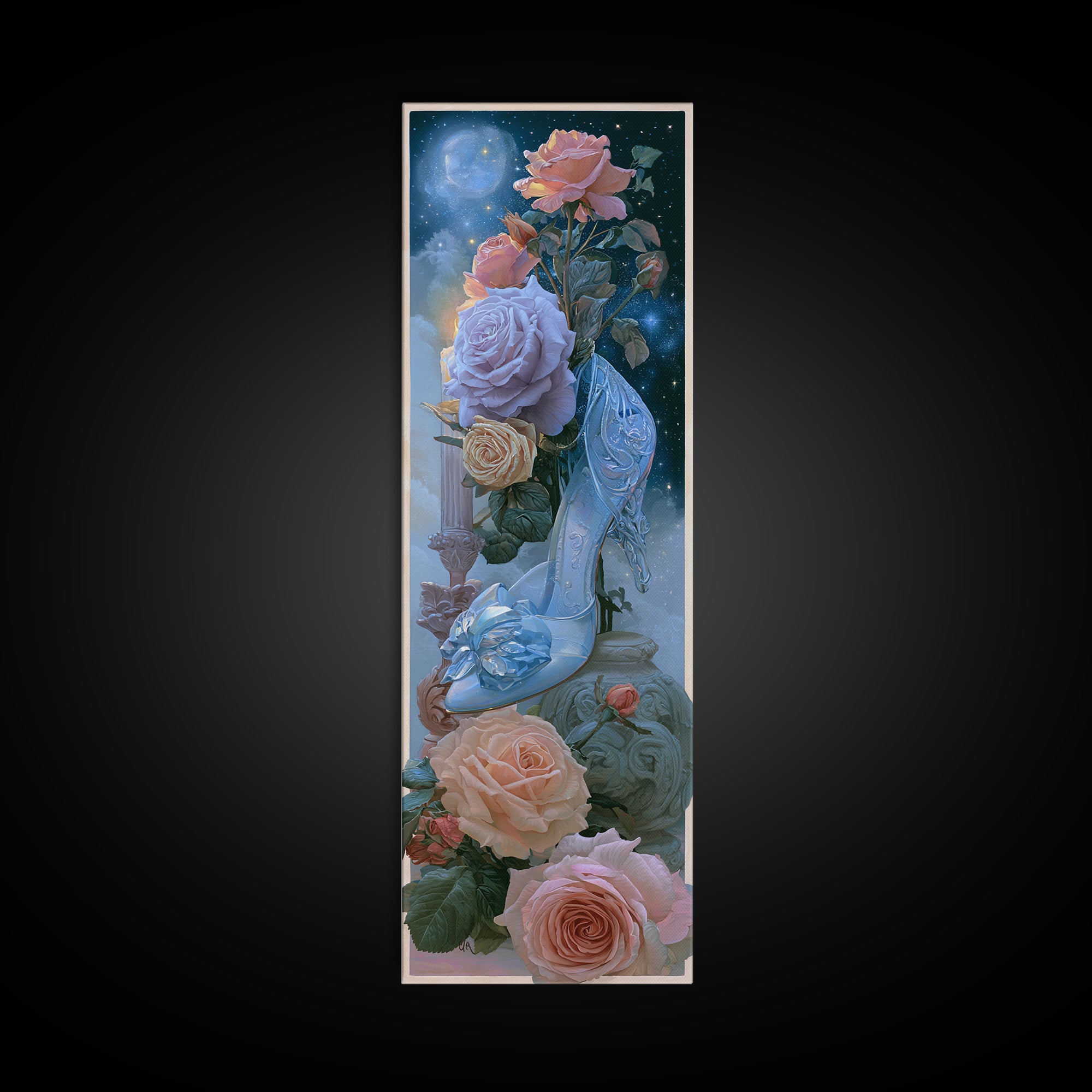 Glass Slipper Still Life Canvas Print, Fairy Tale Art, Wall Art, Living Room Decor, Oil Painting, Storybook, Printable Art, FTA-1x3-90