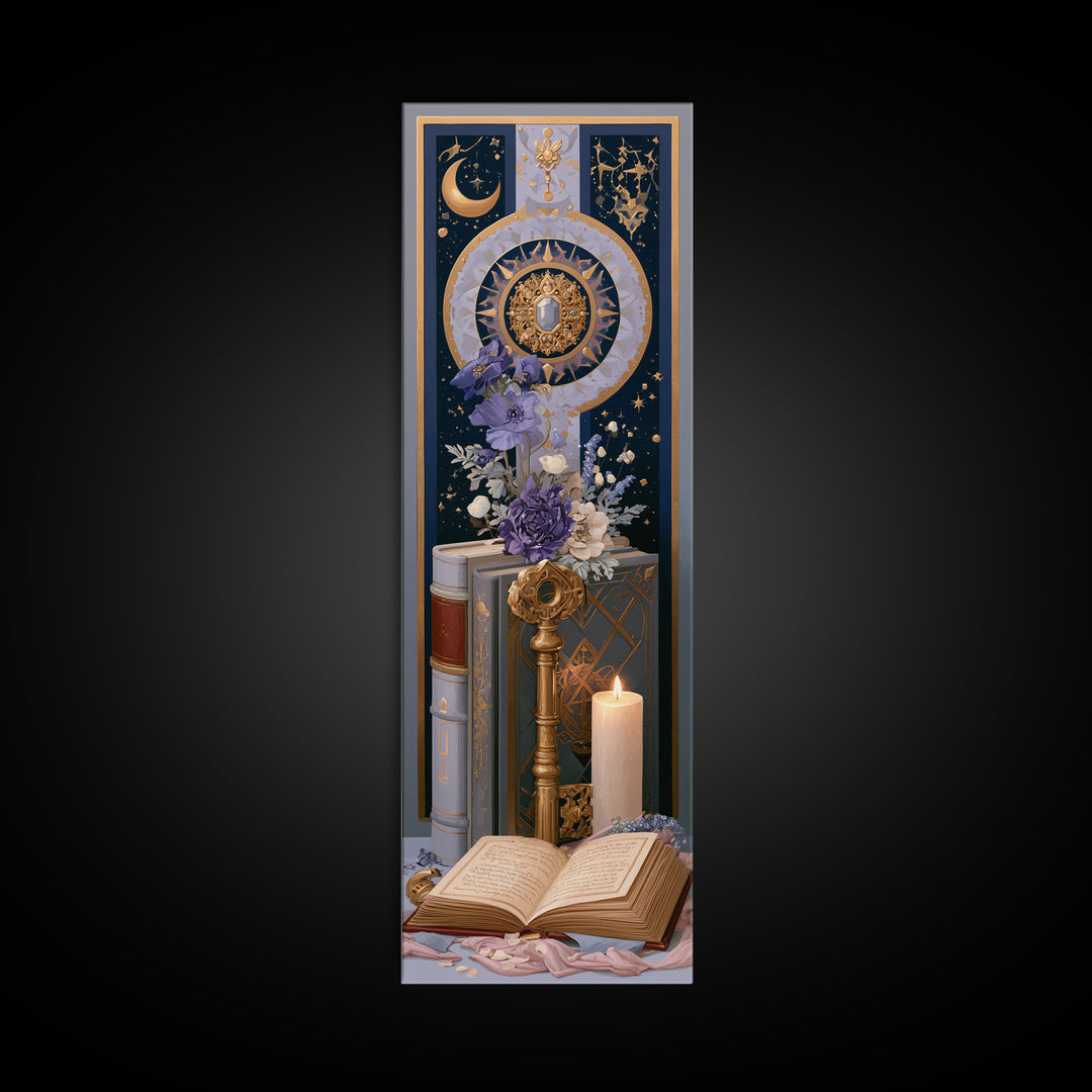 Golden Key and Enchanted Book Still Life Canvas Print, Fairy Tale Art, Printable Wall Art, Living Room Decor, Storybook, FTA-1x3-93