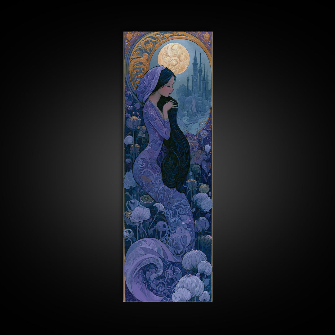 Mermaid Combing Hair Beneath a Pearl Moon Canvas Print, Fairy Tale Art, Kids Room Decor, Living Room Decor, Storybook, FTA-1x3-96