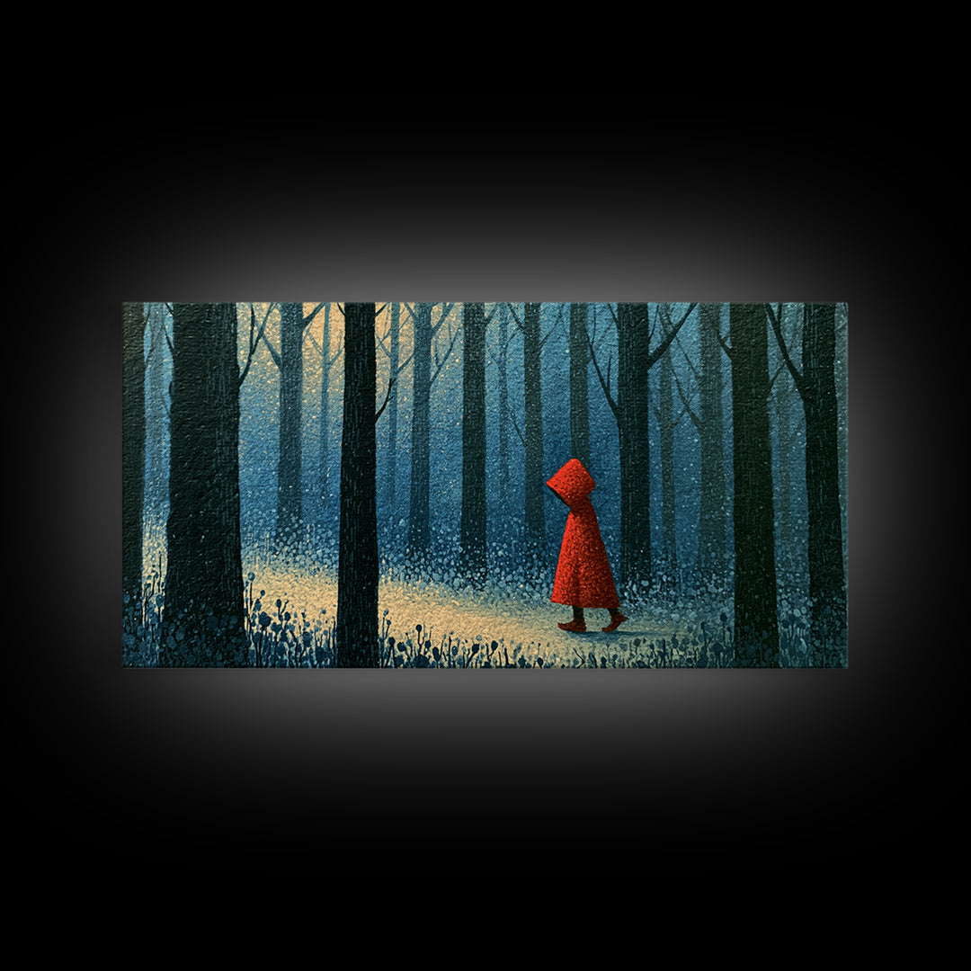 Red Cloak Figure Walking Through Dark Woods Framed Canvas Print, Fairy Tale Art, Dark Art, Living Room Decor, Storybook, FTA-2x1-100