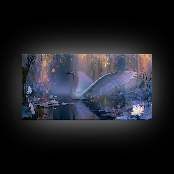 White Swan Transformation Scene Framed Canvas Print, Fairy Tale Art, Folk Art, Living Room Decor, Fine Art, Storybook, FTA-2x1-11