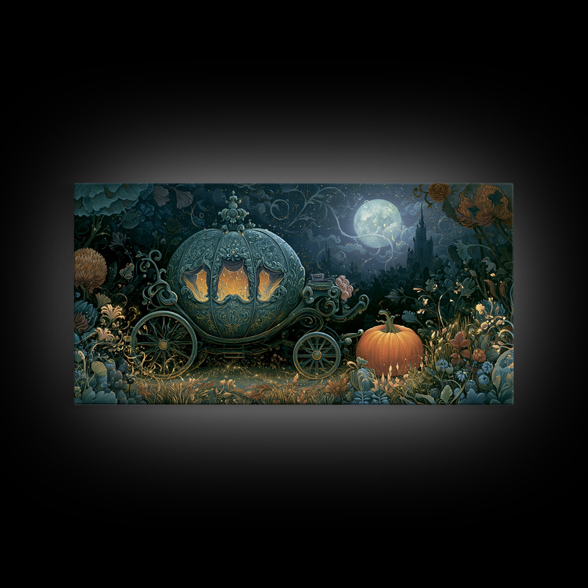 Pumpkin Carriage under Midnight Sky Framed Canvas Print, Fairy Tale Art, Room Decor, Living Room Decor, Fine Art, Storybook, FTA-2x1-12