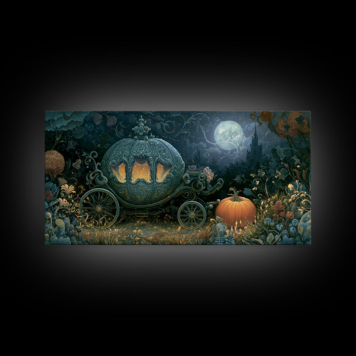 Pumpkin Carriage under Midnight Sky Framed Canvas Print, Fairy Tale Art, Room Decor, Living Room Decor, Fine Art, Storybook, FTA-2x1-12