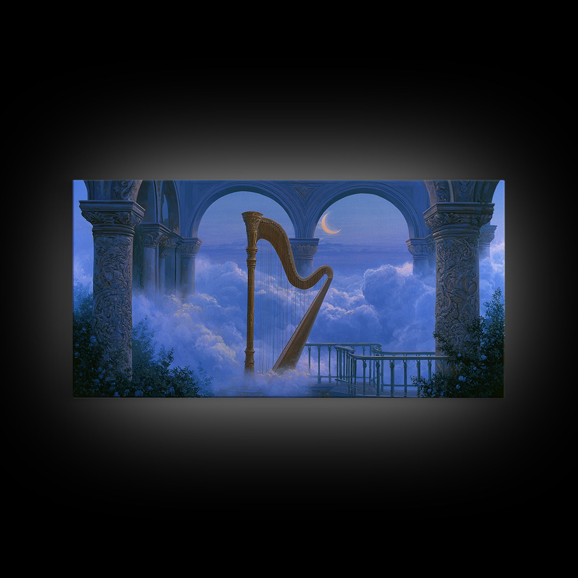Golden Harp in a Cloud Kingdom Framed Canvas Print, Fairy Tale Art, Room Decor, Living Room Decor, Fine Art, Storybook, FTA-2x1-18
