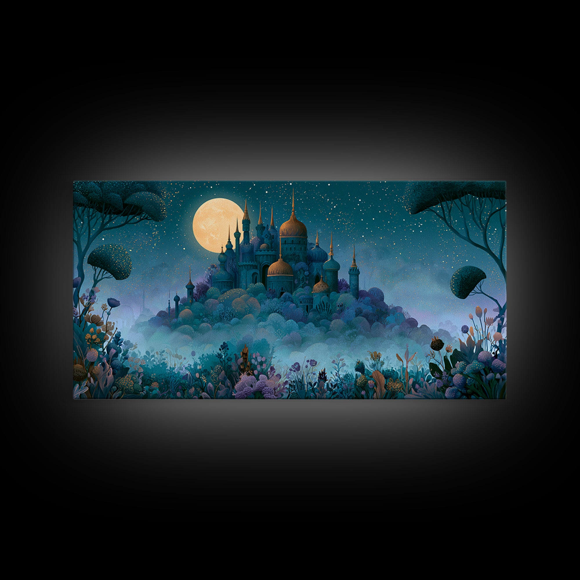 Storybook Castle on a Misty Hill Canvas Print, Fairy Tale Art, Textured Painting, Living Room Decor, Fine Art, Storybook, FTA-2x1-22