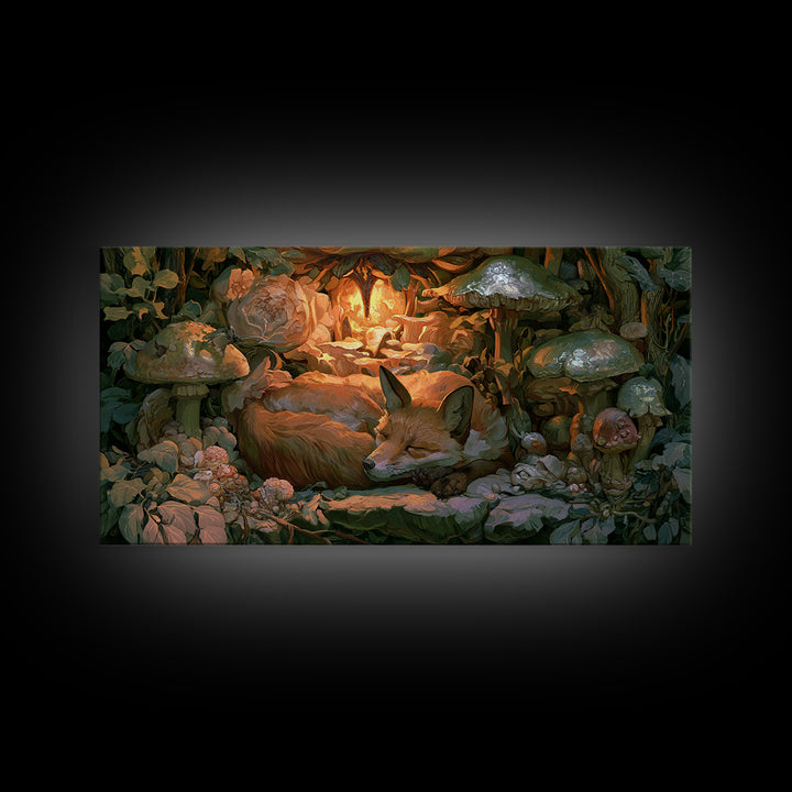 Sleeping Fox Beside a Magical Mushroom Ring Canvas Print, Fairy Tale Art, Nursery Wall Art, Living Room Decor, Storybook, FTA-2x1-23