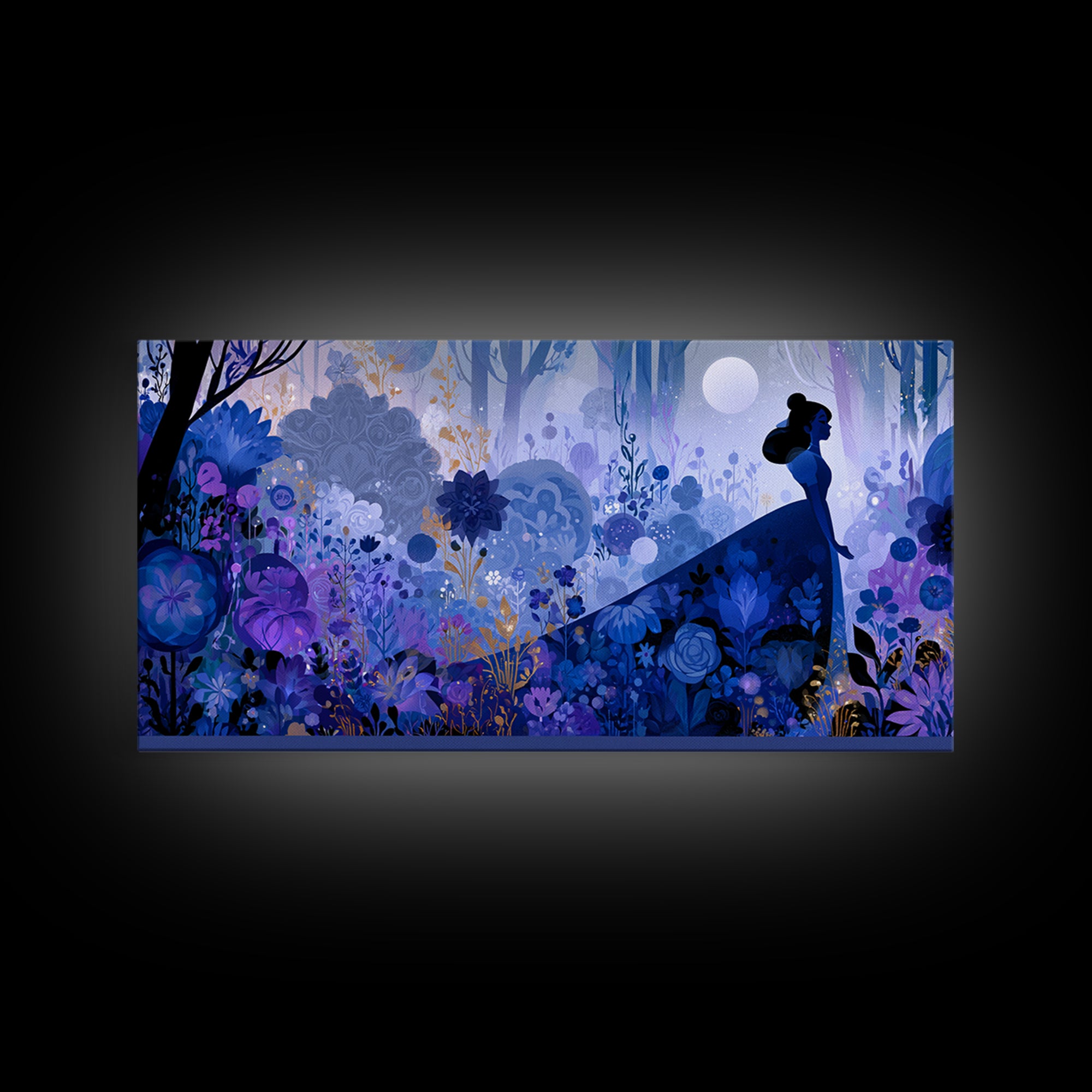 Princess Silhouette with Moonlit Garden Flowers Canvas Print, Fairy Tale Art, Minimalist Decor, Living Room Decor, Storybook, FTA-2x1-24