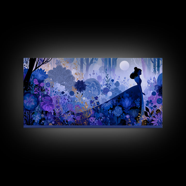 Princess Silhouette with Moonlit Garden Flowers Canvas Print, Fairy Tale Art, Minimalist Decor, Living Room Decor, Storybook, FTA-2x1-24