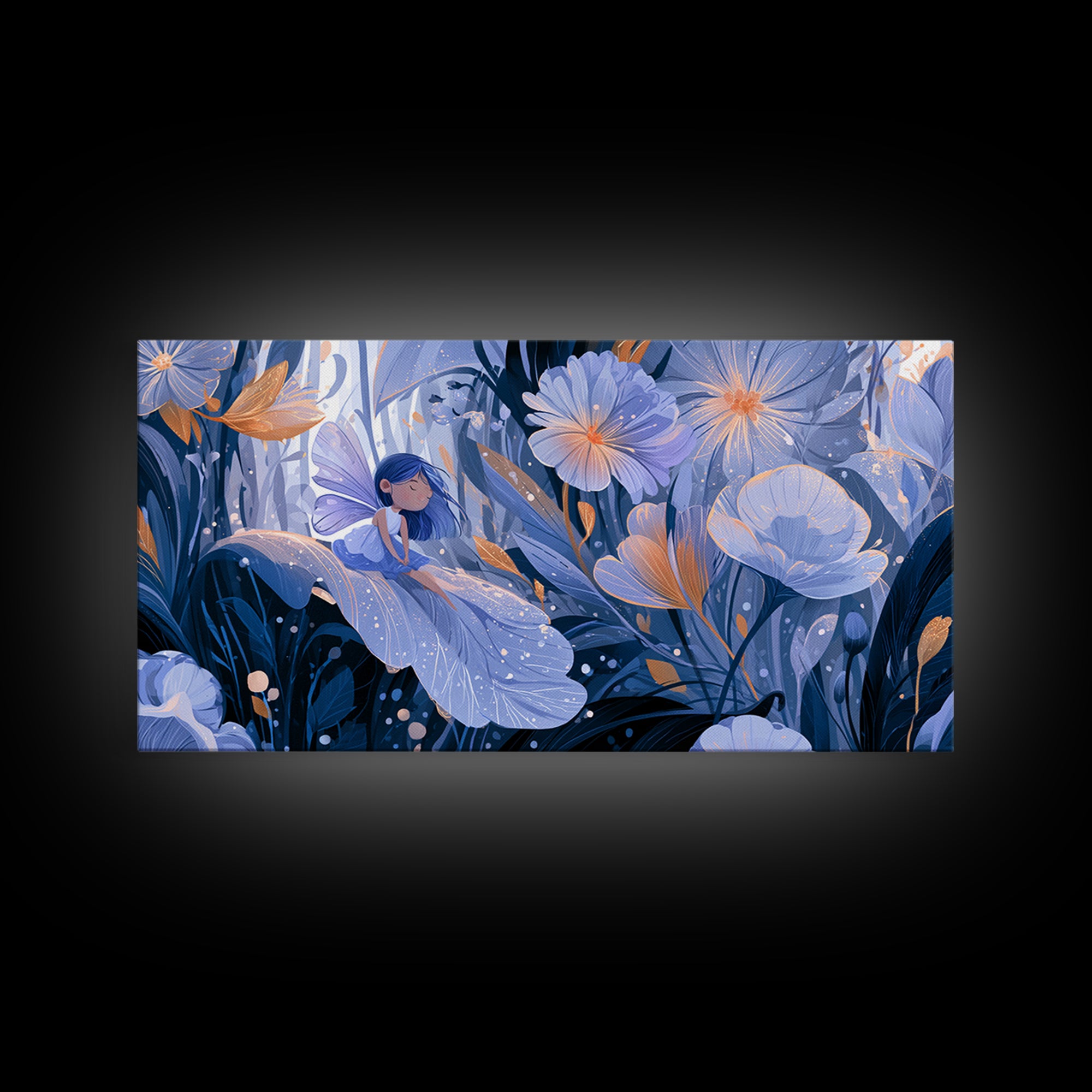 Tiny Fairy Resting on a Dew Covered Framed Canvas Print, Fairy Tale Art, Boho Decor, Living Room Decor, Fine Art, Storybook, FTA-2x1-27