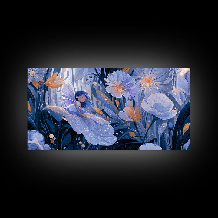 Tiny Fairy Resting on a Dew Covered Framed Canvas Print, Fairy Tale Art, Boho Decor, Living Room Decor, Fine Art, Storybook, FTA-2x1-27