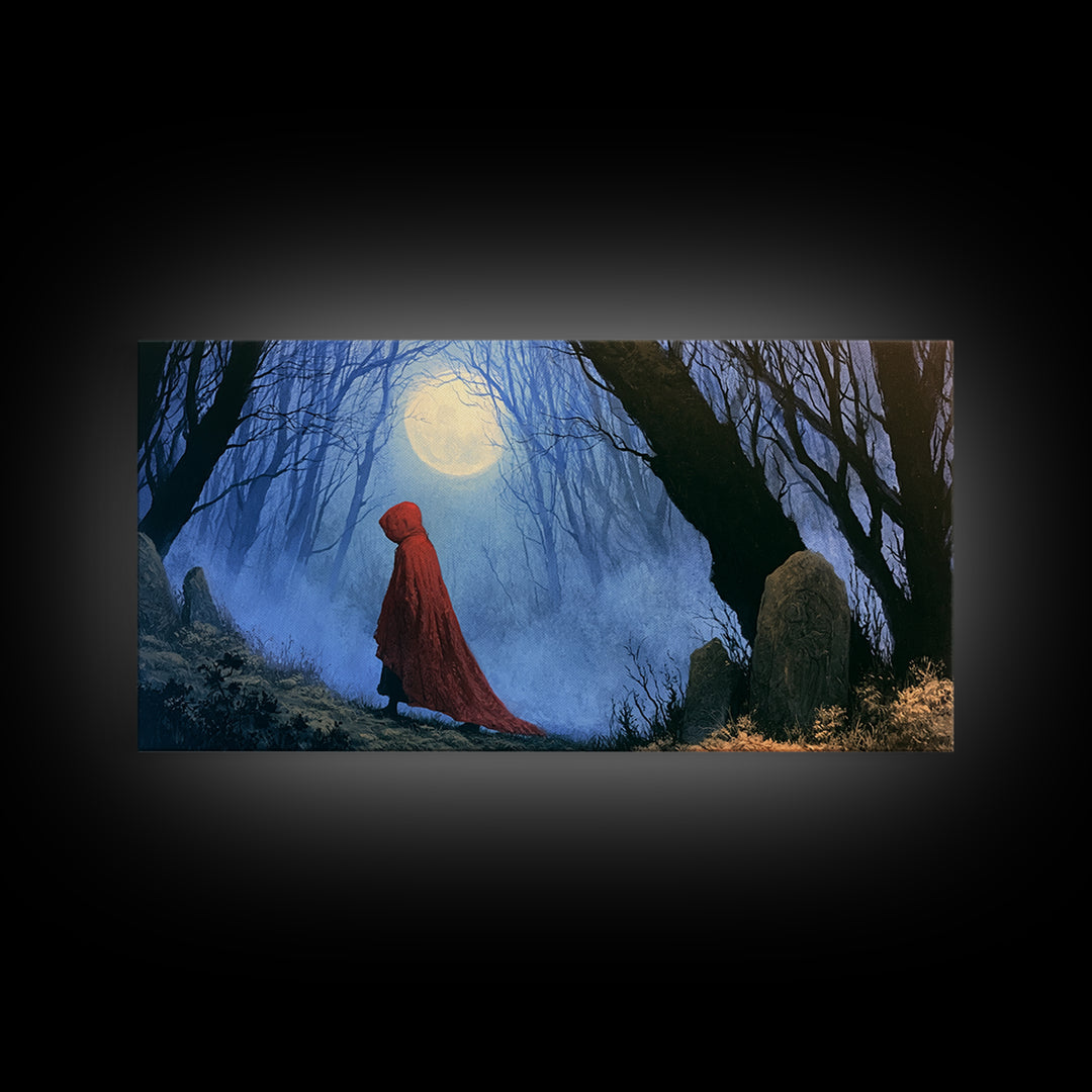 Red Cloak Figure Walking Through Dark Woods Canvas Print, Fairy Tale Art, Contemporary Art, Living Room Decor, Storybook, FTA-2x1-28