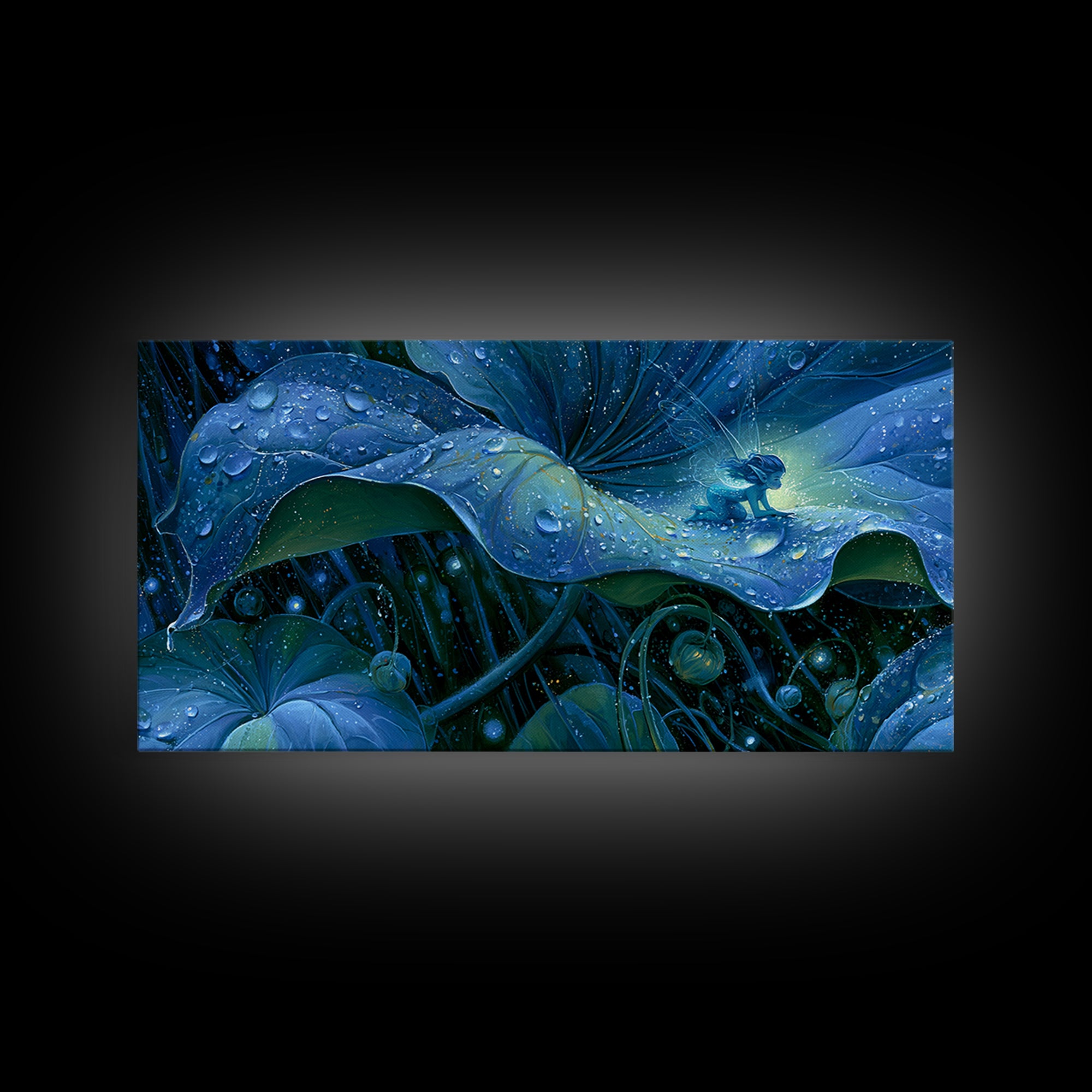 Tiny Fairy Resting on a Dew Covered Framed Canvas Print, Fairy Tale Art, Printable Art, Living Room Decor, Oil Painting, FTA-2x1-3