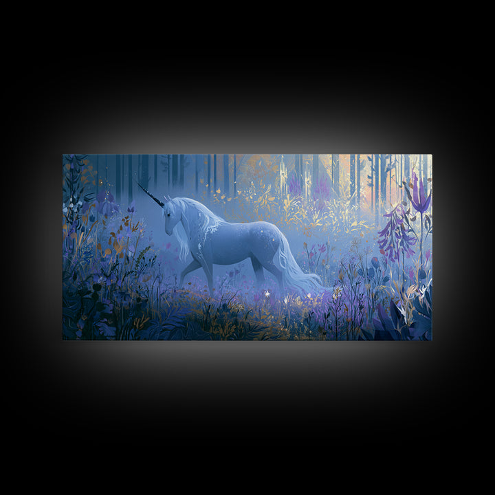 Unicorn in a Moonlit Meadow Framed Canvas Print, Fairy Tale Art, Minimalist Decor, Living Room Decor, Oil Painting, Storybook, FTA-2x1-30