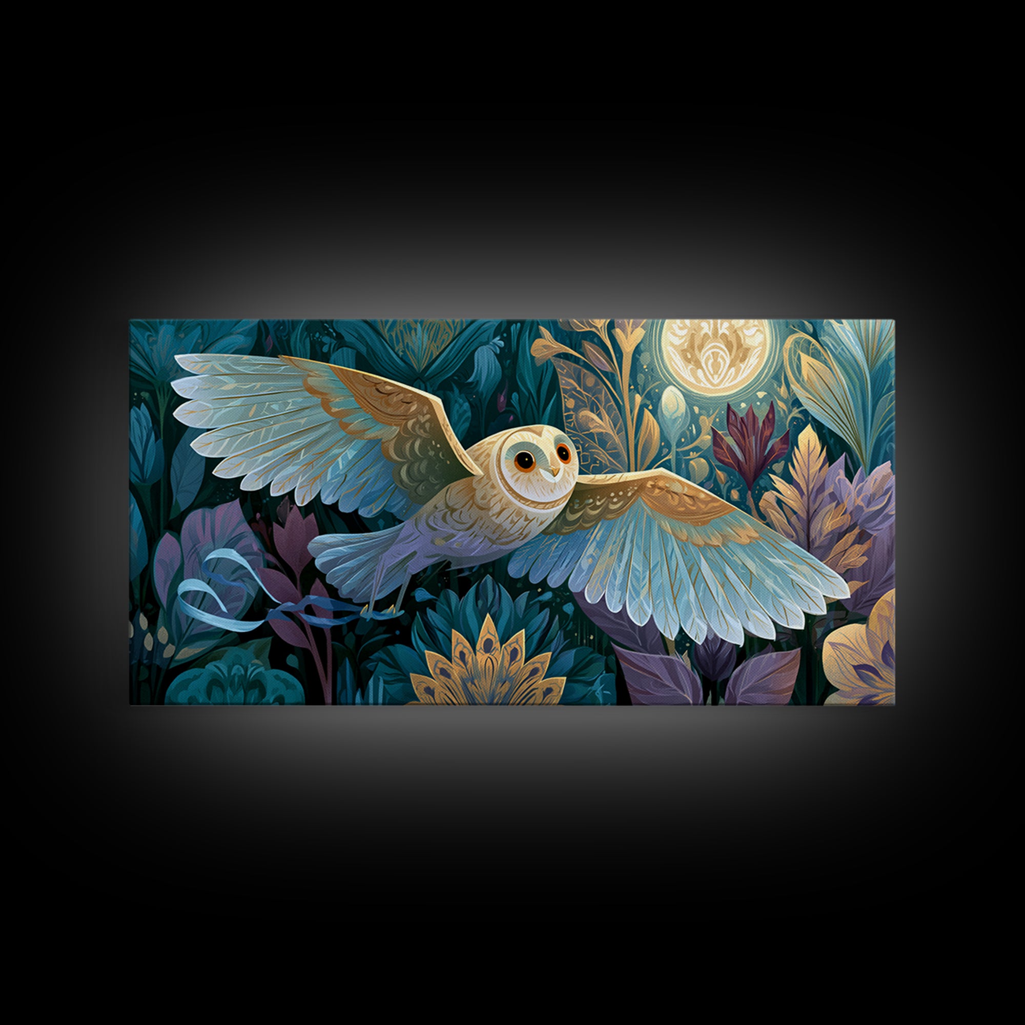 Owl Messenger Carrying a Tiny Ribbon Framed Canvas Print, Fairy Tale Art, Art Print, Living Room Decor, Fine Art, Storybook, FTA-2x1-37