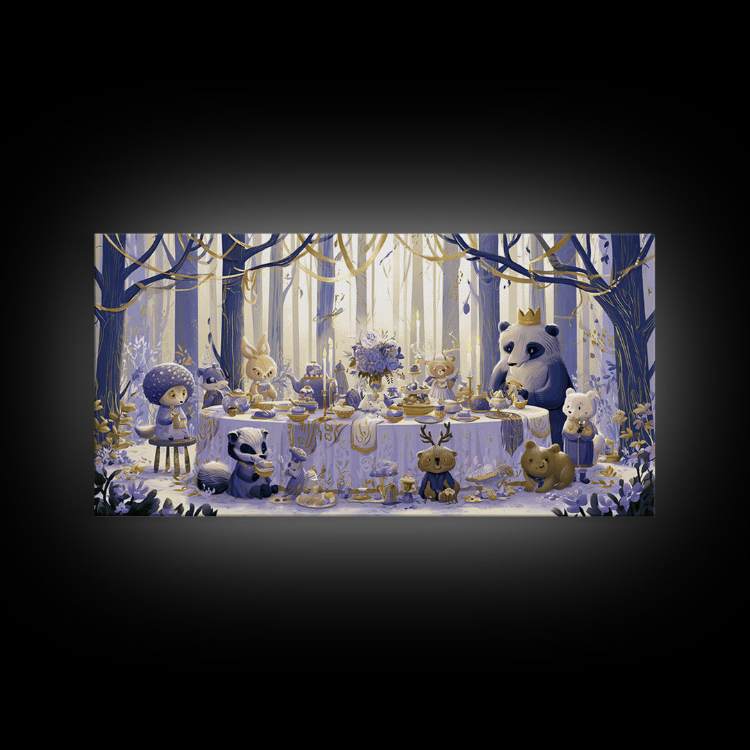 Woodland Tea Party Canvas Print, Fairy Tale Art, Art Deco, Living Room Decor, Oil Painting, Storybook, Whimsical Art, FTA-2x1-39