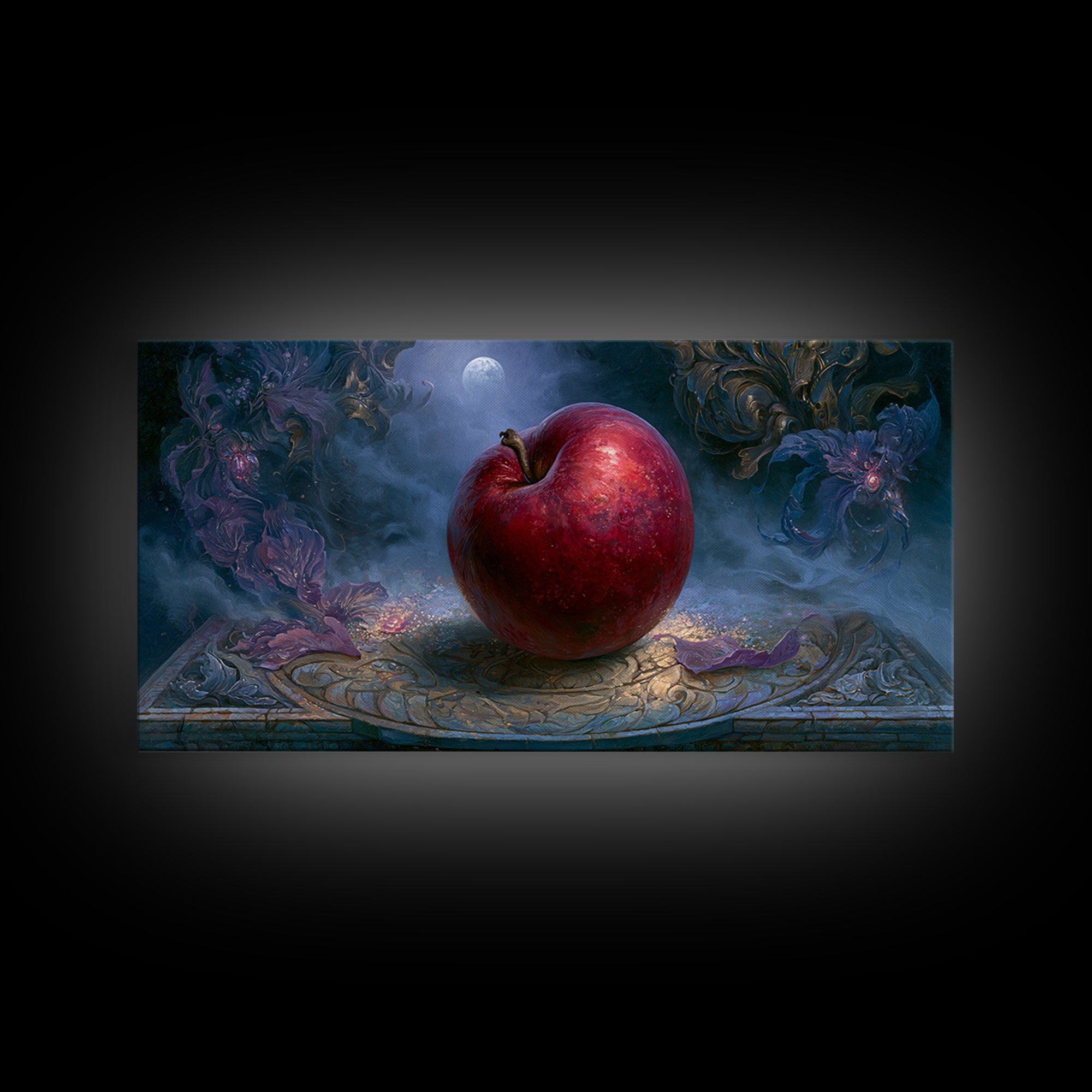Enchanted Apple with Deep Red Shine Framed Canvas Print, Fairy Tale Art, Wall Decor, Living Room Decor, Fine Art, Storybook, FTA-2x1-40