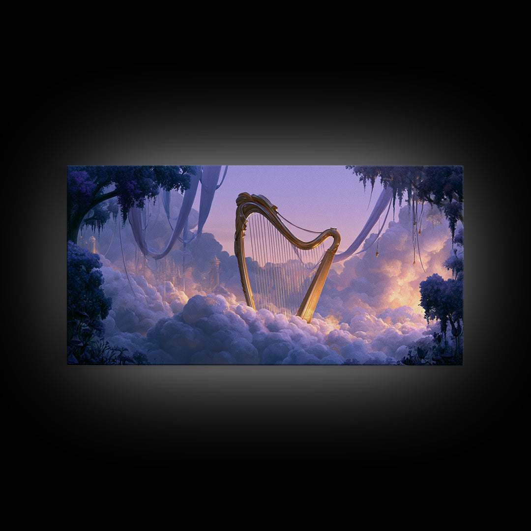 Golden Harp in a Cloud Kingdom Framed Canvas Print, Fairy Tale Art, Room Decor, Living Room Decor, Fine Art, Storybook, FTA-2x1-42
