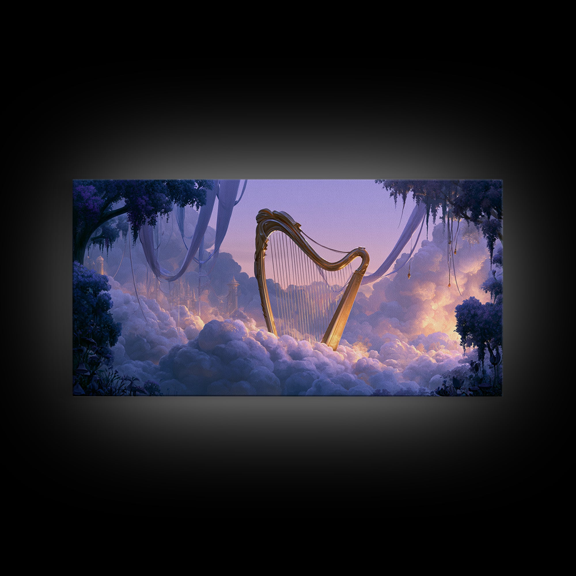 Golden Harp in a Cloud Kingdom Framed Canvas Print, Fairy Tale Art, Room Decor, Living Room Decor, Fine Art, Storybook, FTA-2x1-42