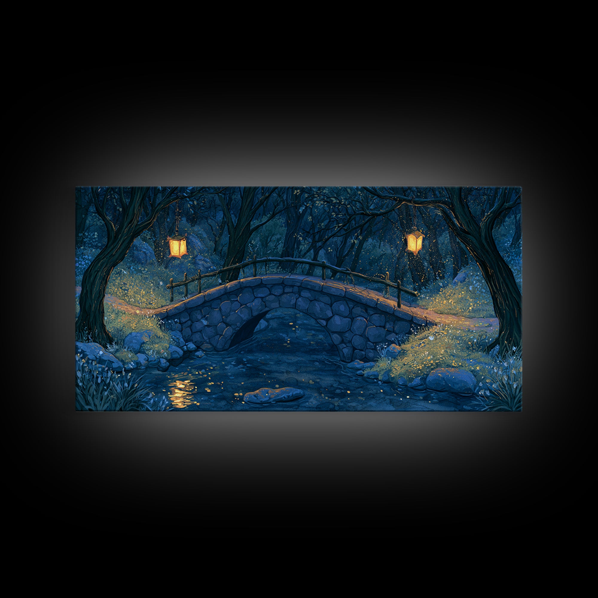 Lantern Lit Bridge Framed Canvas Print, Fairy Tale Art, Original Art, Living Room Decor, Fine Art, Storybook, Folk Art, FTA-2x1-43