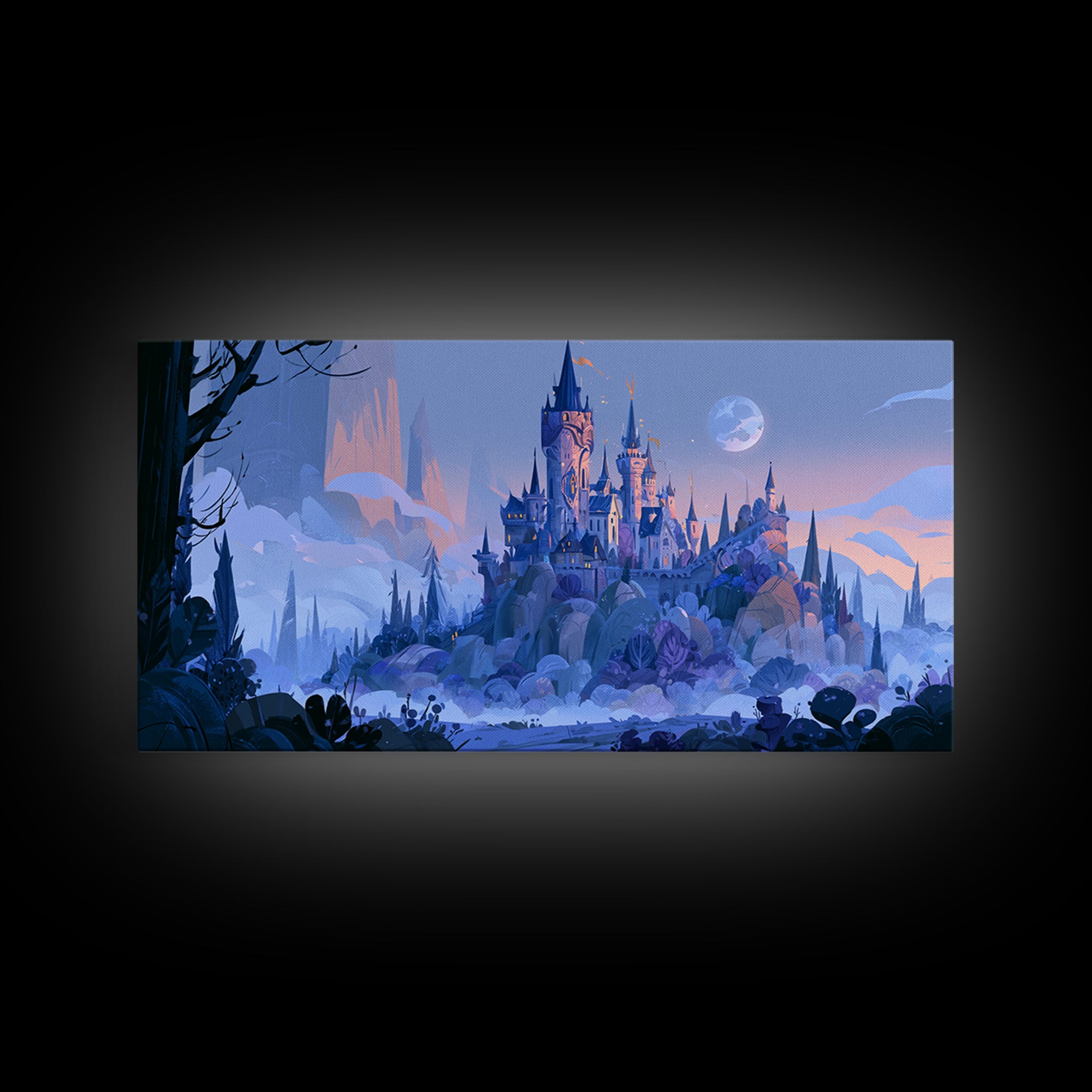 Storybook Castle on a Misty Hill Framed Canvas Print, Fairy Tale Art, Wall Decor, Living Room Decor, Fine Art, Storybook, FTA-2x1-46