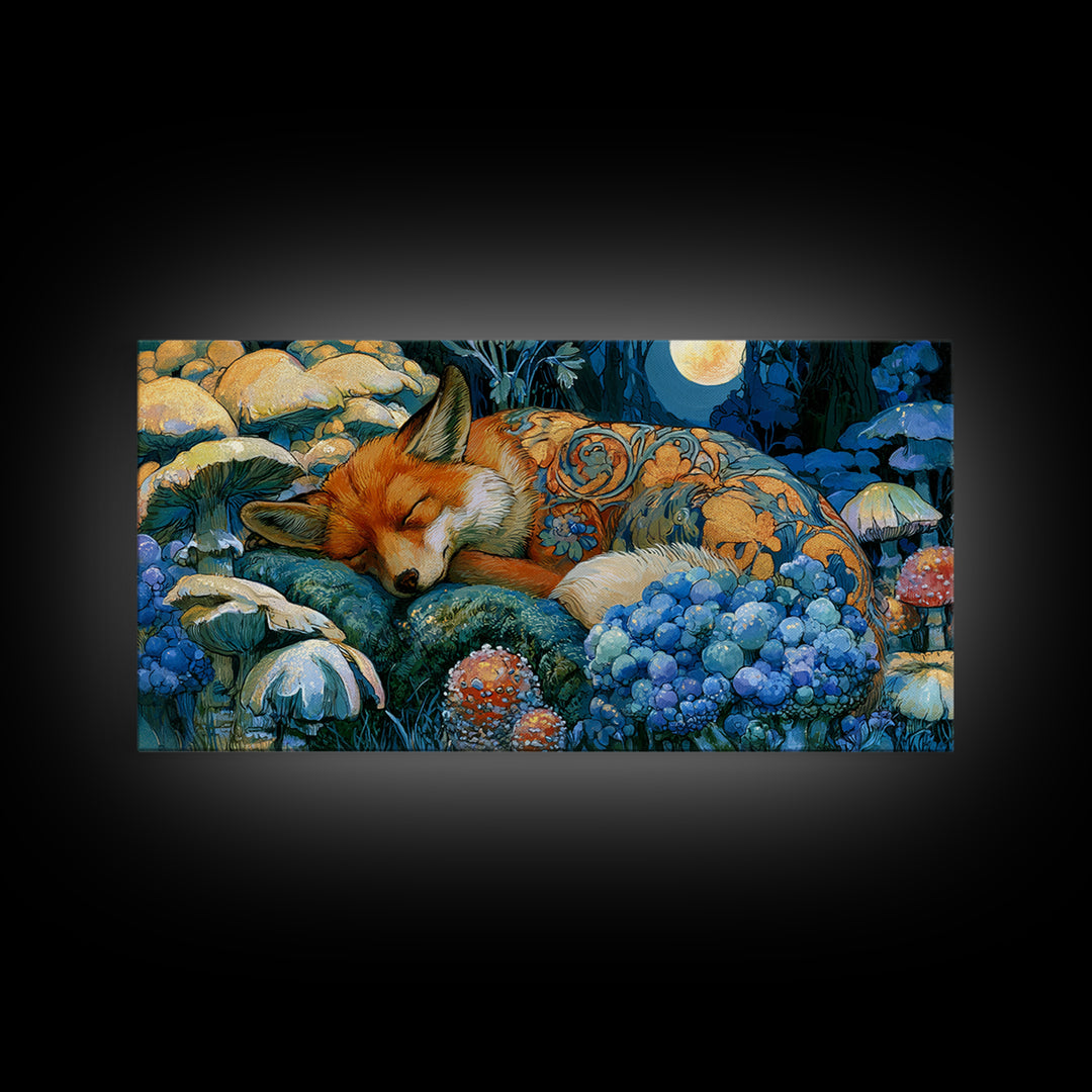 Sleeping Fox Beside a Magical Mushroom Ring Canvas Print, Fairy Tale Art, Boho Wall Art, Living Room Decor, Oil Painting, FTA-2x1-47