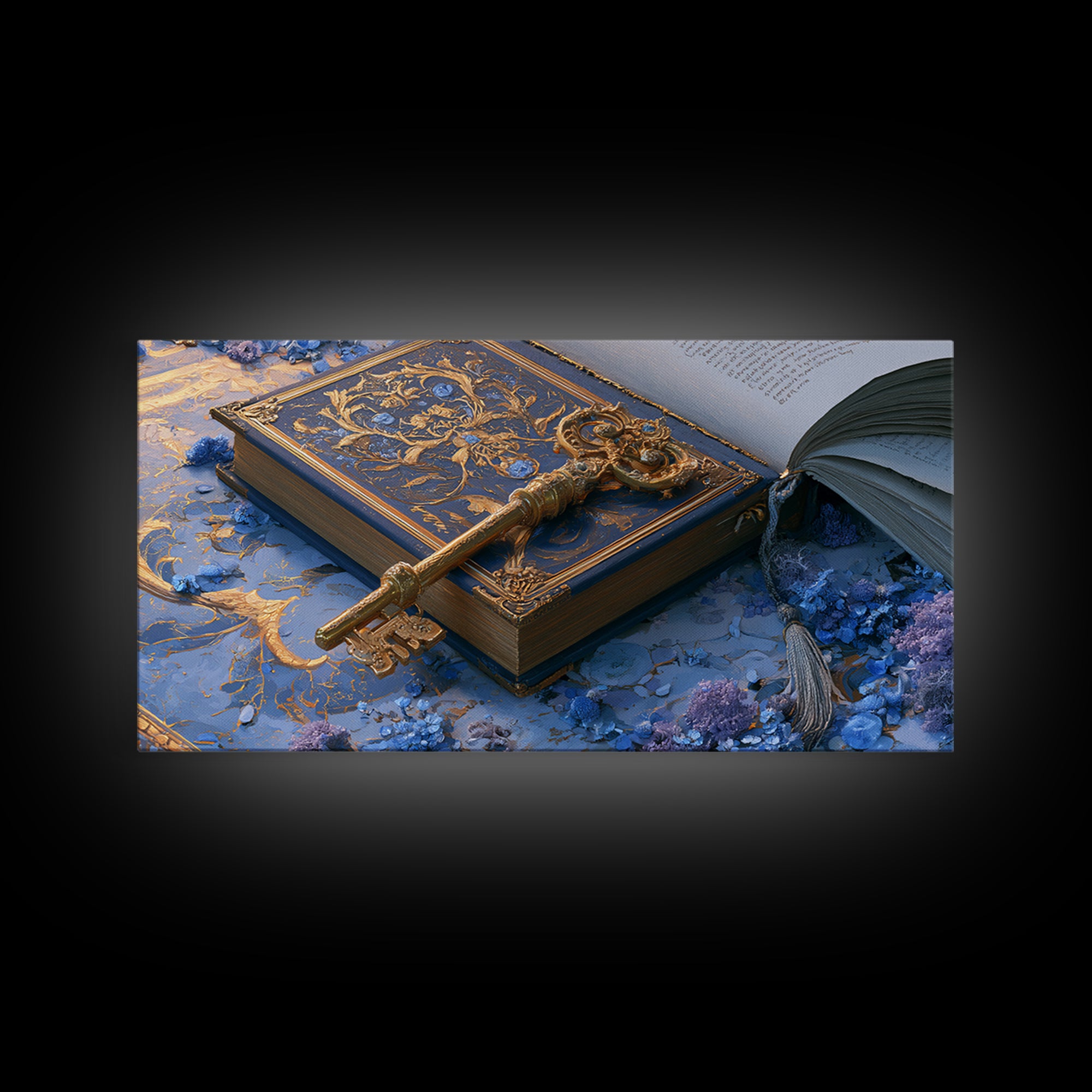 Golden Key and Enchanted Book Still Life Canvas Print, Fairy Tale Art, Nursery Wall Art, Living Room Decor, Storybook, FTA-2x1-5