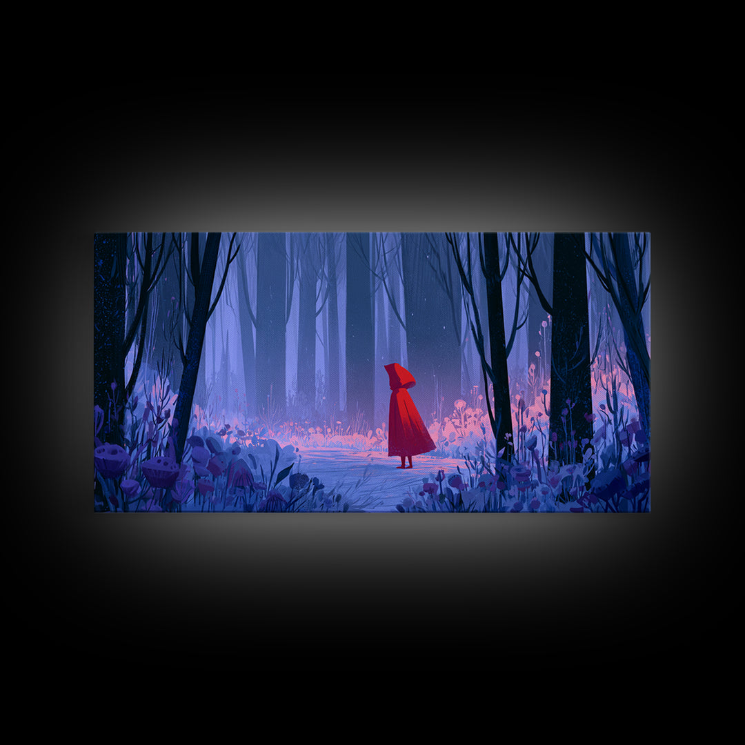 Red Cloak Figure Walking Through Dark Woods Canvas Print, Fairy Tale Art, Art Print, Living Room Decor, Oil Painting, Storybook, FTA-2x1-52