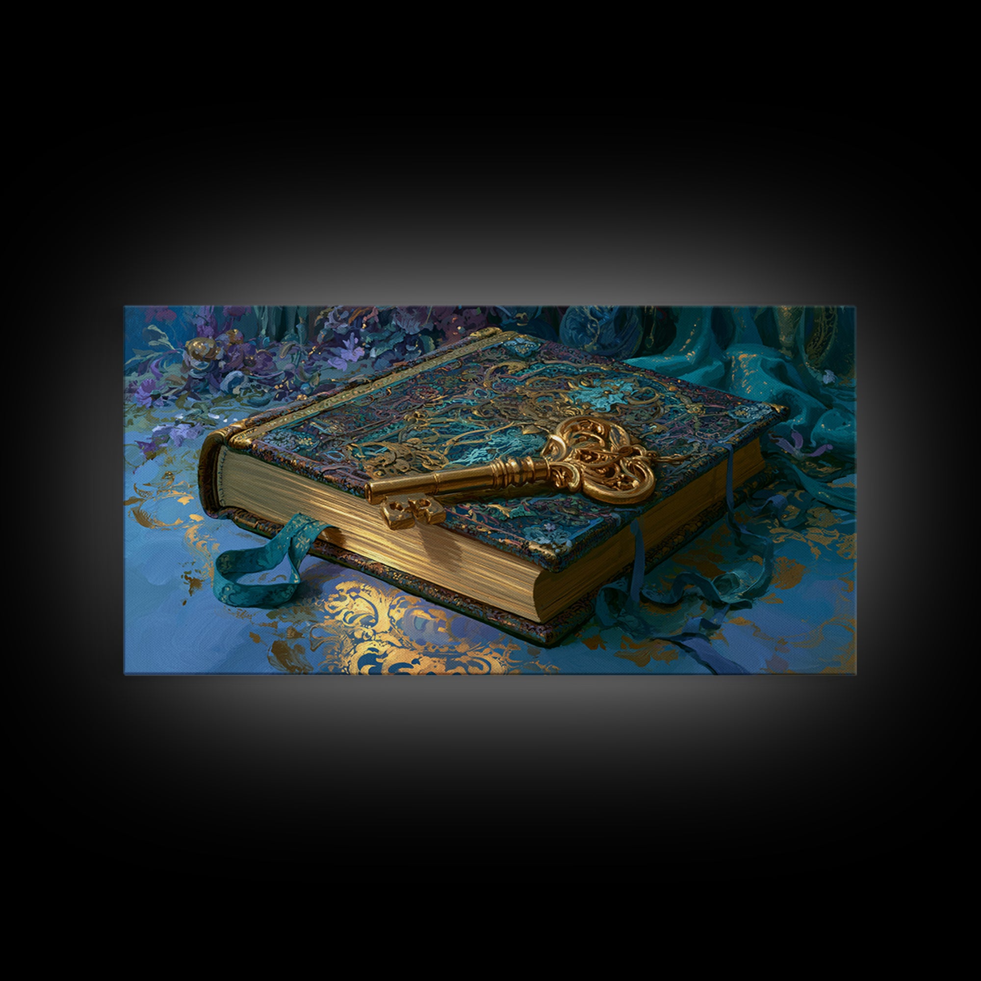 Golden Key and Enchanted Book Still Life Canvas Print, Fairy Tale Art, Boho Wall Art, Living Room Decor, Oil Painting, FTA-2x1-53