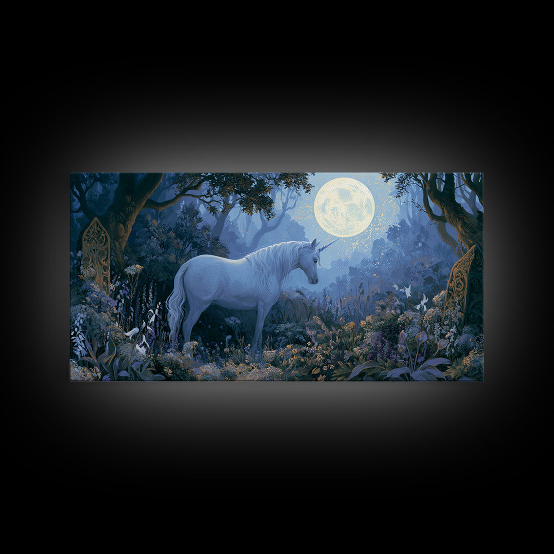 Unicorn in a Moonlit Meadow Framed Canvas Print, Fairy Tale Art, Minimalist Decor, Living Room Decor, Oil Painting, Storybook, FTA-2x1-6