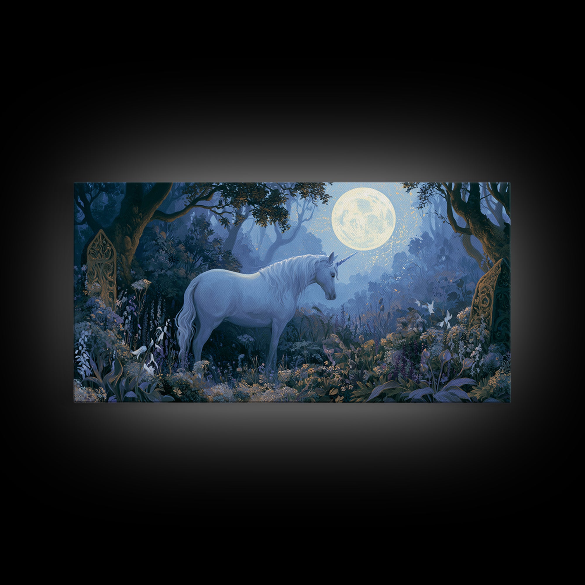 Unicorn in a Moonlit Meadow Framed Canvas Print, Fairy Tale Art, Minimalist Decor, Living Room Decor, Oil Painting, Storybook, FTA-2x1-6